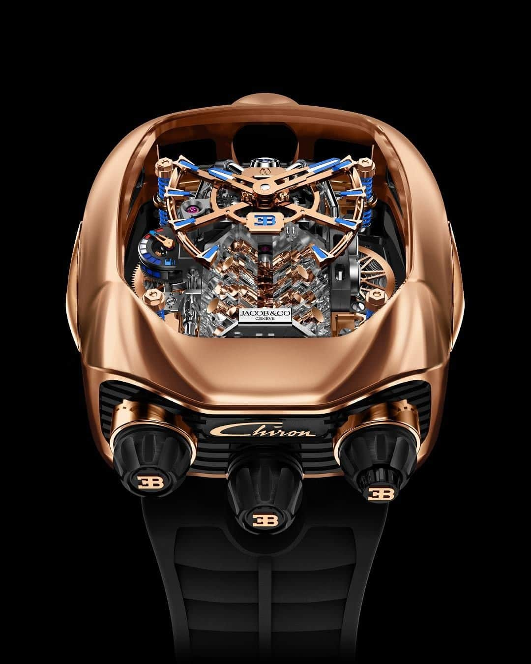 ブガッティさんのインスタグラム写真 - (ブガッティInstagram)「The BUGATTI Chiron Tourbillon replicates the iconic Bugatti 16-Cylinder W16 engine in a 30-degree inclined tourbillon timepiece. Push the right crown and the engine fires up, its 16 pistons pumping up and down. This timepiece is available in a number of different versions, including bespoke, 18K rose gold, baguette diamond set, titanium, and more. Get your motor running with the @jacobandco Bugatti Chiron Tourbillon.  #BUGATTI #BUGATTIChiron #jacobandco #jacobandcowatches #hautehorlogerie #hautehorology #inspiredbytheimpossible」11月29日 0時00分 - bugatti