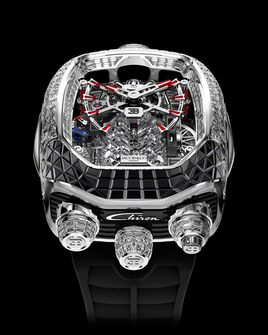 ブガッティさんのインスタグラム写真 - (ブガッティInstagram)「The BUGATTI Chiron Tourbillon replicates the iconic Bugatti 16-Cylinder W16 engine in a 30-degree inclined tourbillon timepiece. Push the right crown and the engine fires up, its 16 pistons pumping up and down. This timepiece is available in a number of different versions, including bespoke, 18K rose gold, baguette diamond set, titanium, and more. Get your motor running with the @jacobandco Bugatti Chiron Tourbillon.  #BUGATTI #BUGATTIChiron #jacobandco #jacobandcowatches #hautehorlogerie #hautehorology #inspiredbytheimpossible」11月29日 0時00分 - bugatti