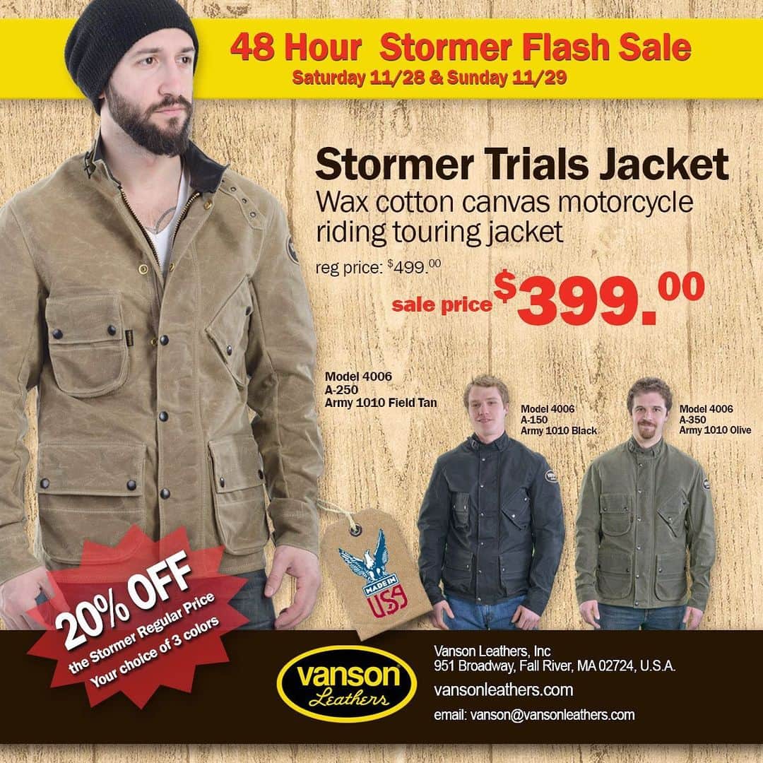 のインスタグラム：「48 HOUR STORMER FLASH #SALE  Only this Saturday and Sunday!! Go get yours!!!  .  #fashion #style #love #instagood #like #photography #photooftheday #beautiful #follow #instagram #picoftheday #vansonleathers #model #leatherjacket #instadaily #smile #art #likeforlikes #beauty #followme #vanson #ootd #happy #instalike #moda #fashionblogger #cute #photo」