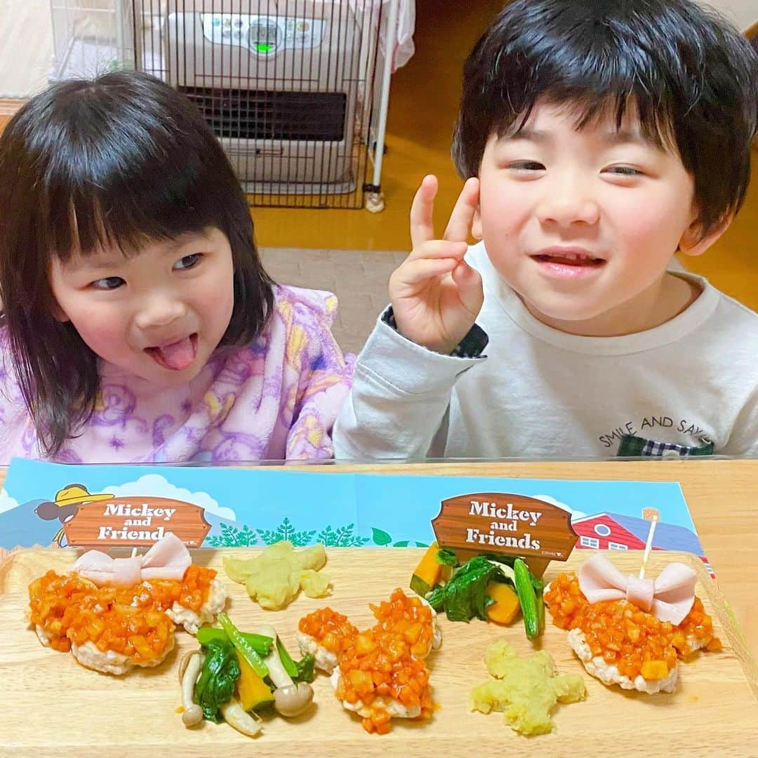 太陽チャンネルのインスタグラム：「休みの前の日♡ みんなで野菜たっぷりハンバーグを作ったよ😍 ソースのれんこんとニンジンがしゃきしゃきでめちゃくちゃ美味しかった🤤こどもたちもモリモリ食べたよ👍 不器用なりにミッキーの顔とか手とか作ってみました🤣💕 oisixミールキットは材料そろってるから下準備も最小限でめっちゃ便利🥺💕 #oisix  #ミールキット #oisixキット  #pr #太陽チャンネル #ごちそうさまでした」