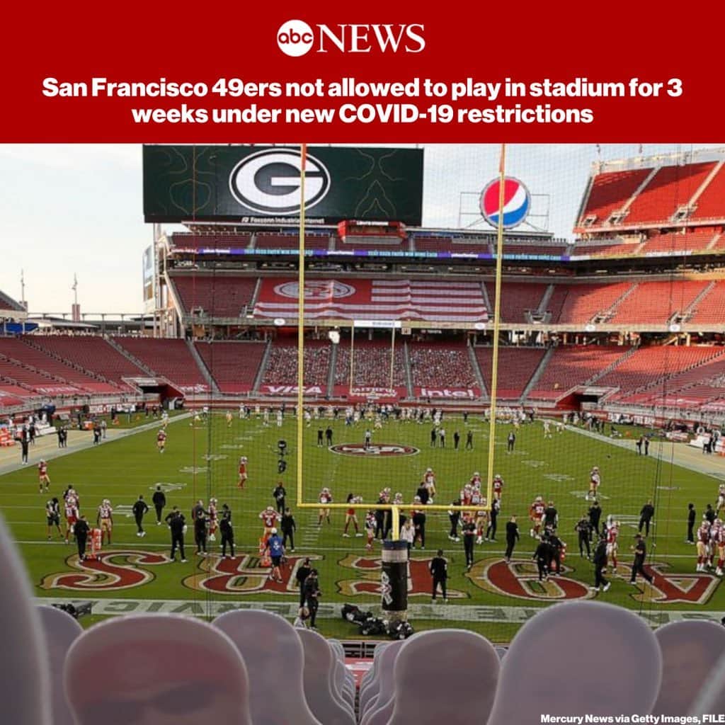 ABC Newsさんのインスタグラム写真 - (ABC NewsInstagram)「The San Francisco 49ers will not be allowed to practice or play in their stadium for three weeks under new county health restrictions that prohibit contact sports.  Stanford University's athletics, including its football program, will also be affected. MORE AT LINK IN BIO.」11月29日 9時50分 - abcnews
