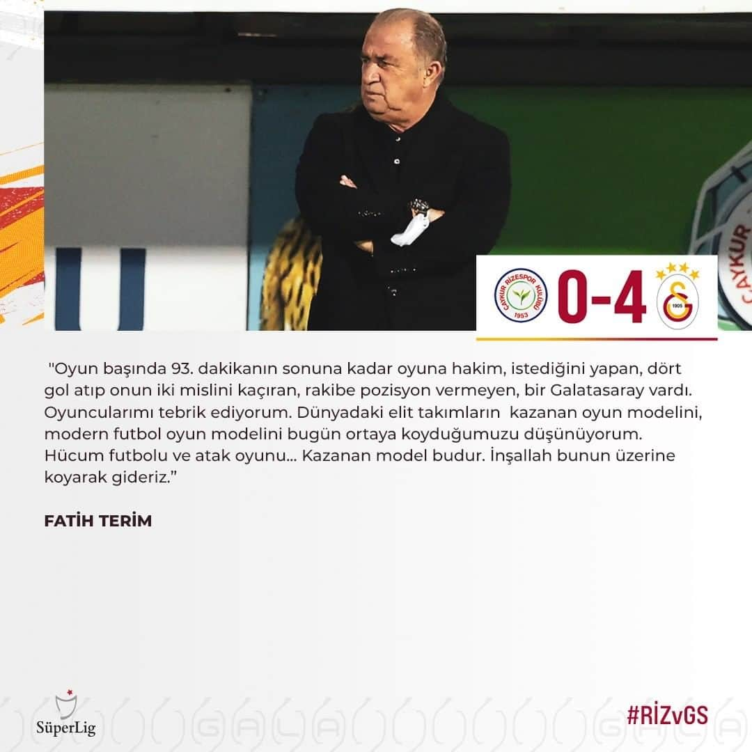 ガラタサライSKさんのインスタグラム写真 - (ガラタサライSKInstagram)「Teknik Direktörümüz Fatih Terim’den maç sonrası açıklamalar  "Oyun başında 93. dakikanın sonuna kadar oyuna hakim, istediğini yapan, dört gol atıp onun iki mislini kaçıran, rakibe pozisyon vermeyen, bir Galatasaray vardı. Oyuncularımı tebrik ediyorum. Dünyadaki elit takımların  kazanan oyun modelini, modern futbol oyun modelini bugün ortaya koyduğumuzu düşünüyorum. Hücum futbolu ve atak oyunu... Kazanan model budur. İnşallah bunun üzerine koyarak gideriz. Bugün oyuncularım 1. bölgeden çıkış, 2. bölgeyi kullanma ve 3. bölgeden gelme, bloklar arası top alma, hareketlilik ve aklınıza gelecek her şeyi yaptılar. 4-0'tan fazla bir skor da olabilirdi. Oyunun hiçbir bölümünde kontrolü de rakibe vermedik. Geçen sene burada iki ayak kırığı, bir de çapraz bağ sakatlığı yaşamıştık.  Bu sefer üç puanla ve farklı bir sonuçla dönüyoruz. İnşallah Galatasaray takımı bu zevk veren oyunu sürdürür."   "Geçen hafta çok iyi oynadığımız bir 45 dakika vardı; bugün 93 dakika var. Genciyle, sonradan gireniyle, oynayanıyla… Oyuncularım büyük bir tebriği hak ediyor. Geçen hafta oynadıkları mükemmel oyuna göre oyuncularımın aldığı övgünün az olduğunu maçtan önce söylemiştim. Umarım yiğidin hakkını yiğide verirler. Çok memnunum. Mümkün olsa hiç oyuncu değiştirmeyecektim. Kenardaki arkadaşlarım gibi oyundan zevk aldım. Zevk alan oyuncuların devam etmesini isterdim; ama dediğim gibi mecbur olduk. Çalışacağız, daha iyi olacağız; ama çok güzel bir galibiyet olduğu için çok mutluyum." ifadelerini kullandı.   "Diagne golcü bir oyuncu. Atmaması bizim için sürpriz olur. Görevi de o. İlk yarıda boş kaleye kaleci çarpan bir top oldu; ama sonrasında iyi geri dönüş yaptı. Memnunum. Muhakkak ki rekabet olacaktır. Bugün sakat olmalarına rağmen Emre Taşdemir, Luyindama ve Etebo'nun kafileye gelip, istediğiniz zaman sakatlık pahasına elimizden geleni yaparız demeleri benim için çok önemli. Bu fedakârlık için kendilerine teşekkür ettim. Rekabet olacaktır. Ancak bu oyun ve oynayanlar unutulmayacaktır. Seviyeli bir rekabet, diğer oyuncularımız da takıma katılınca bizi farklı bir seviyeye taşır. Bu, memnuniyet verici bir şeydir."  Detaylar: www.galatasaray.org」11月29日 4時16分 - galatasaray