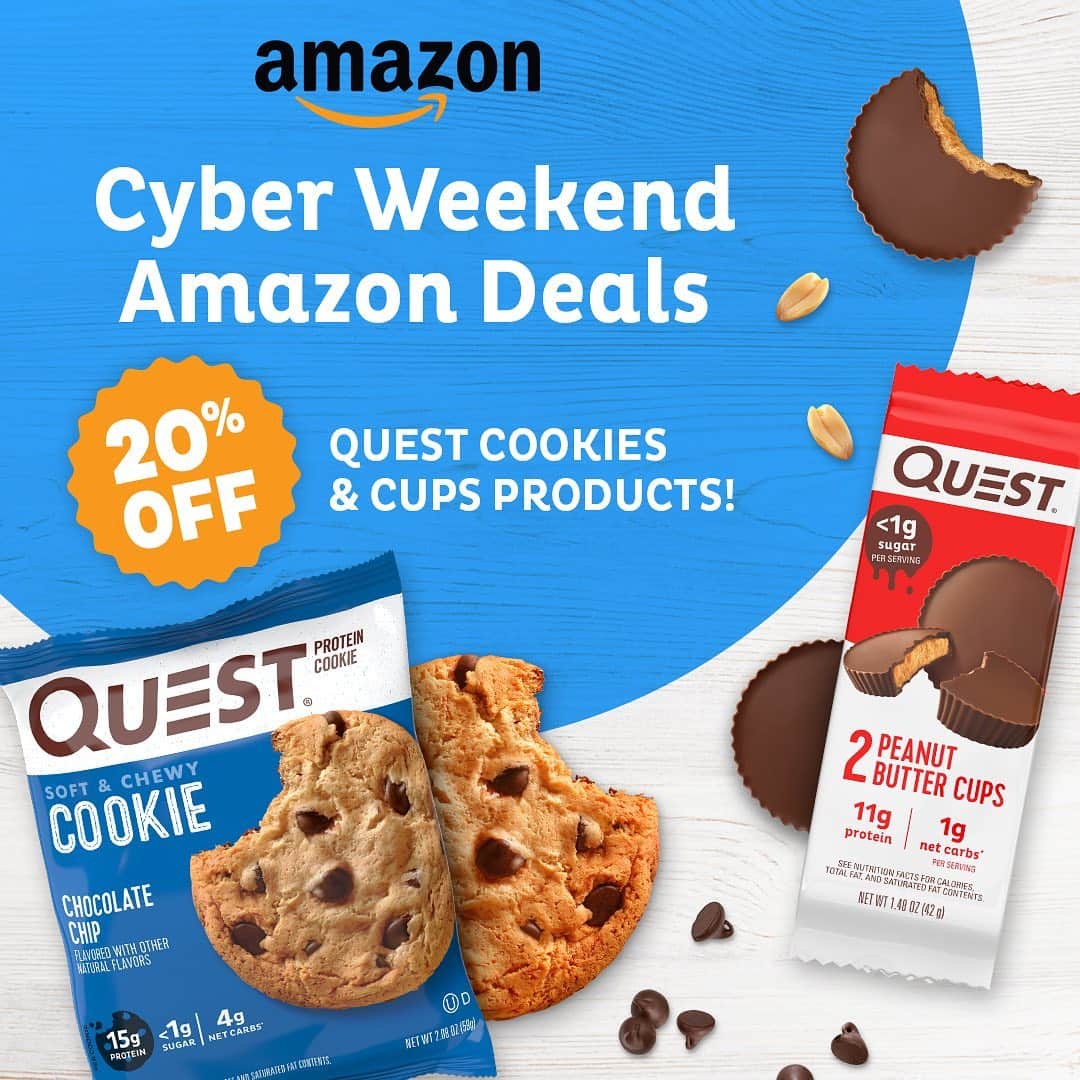 questnutritionさんのインスタグラム写真 - (questnutritionInstagram)「#CyberWeekend deal on @Amazon! 🚨 20% OFF on Quest Protein Cookies & Peanut Butter Cups! 😋👌 While supplies last! 💯 #onaquest」11月29日 4時28分 - questnutrition