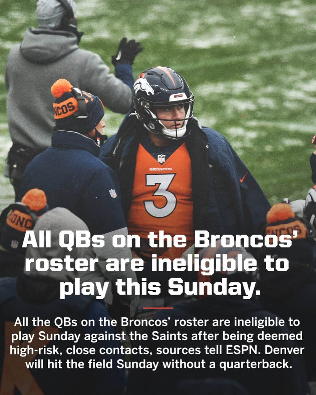 スポーツセンターさんのインスタグラム写真 - (スポーツセンターInstagram)「The Denver Broncos will play this Sunday without a quarterback, sources tell @adamschefter. QB Jeff Driskel tested positive for COVID on Thursday. Drew Lock, Brett Rypien and Blake Bortles did not wear masks, per a source, and were deemed high-risk.」11月29日 8時29分 - sportscenter