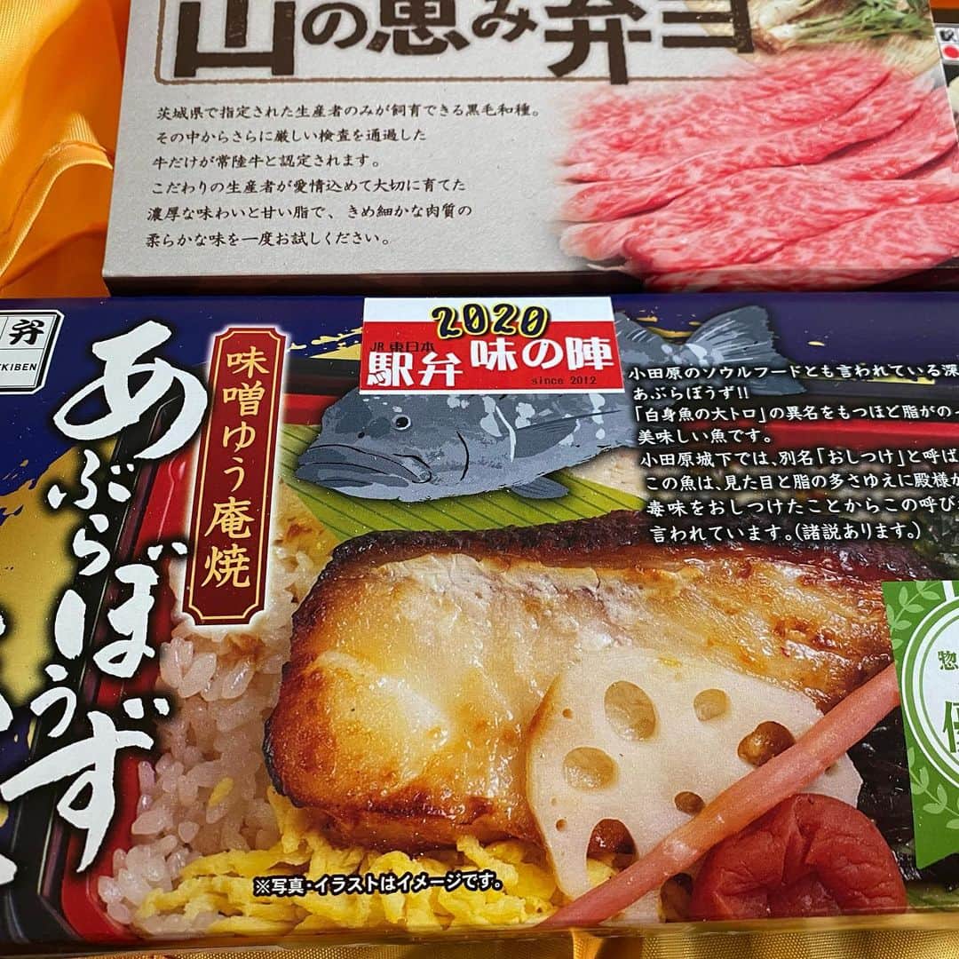のインスタグラム：「息子のリクエストするお土産は駅弁なのですが、今回遠慮がちではありましたが、昼夜兼用(学校は午前授業だった)  3個とも平らげた息子です。  肉は牛肉が好きで、魚が好きで押し寿司が好きという息子が好きなものがいっぱい弁当でした。我々の夢は富山のマスの寿司工場に行って出来立てのマスの寿司をいただくことです。  #駅弁　#駅弁大好き #お土産　#魔女菅原」