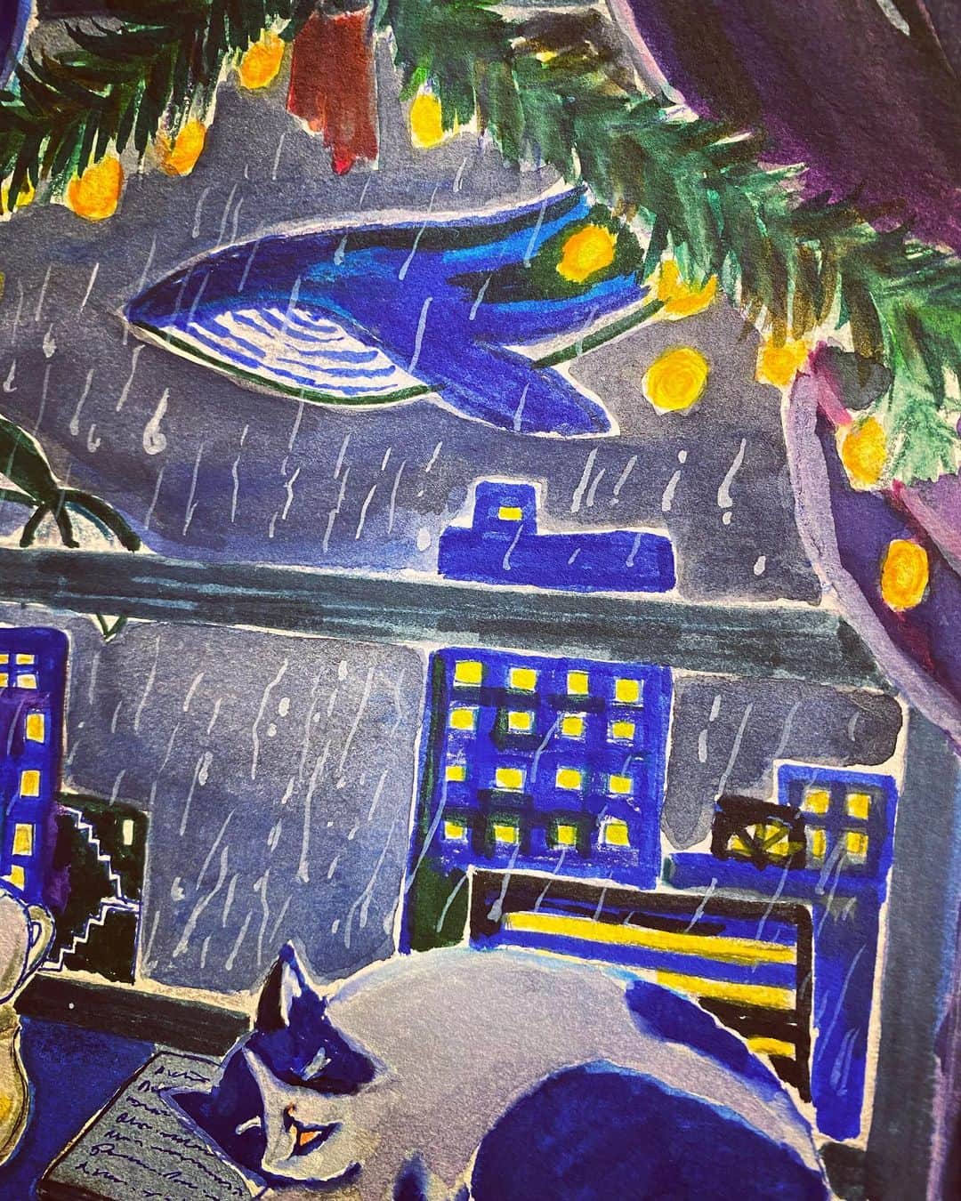 横沢ローラのインスタグラム：「Home for Christmas. 集まろうよ、会おうよ。って、いいにくいような今年のクリスマス。12月23日の私たちのコンサートも、対策をした上で半分以下の人数しかお客さんを呼べない。今年会いたいけれど会えない大切な人のクリスマスや年末も、平和でありますように。と。願いを込めてクリスマスカードの絵を描いてる。音楽つき。#シブヤクリスマスキャロル #shibuyachristmascarols #横沢ローラ #渋谷発のクリスマスキャロル #onomatopel #家ねこ #クリスマスカードプレゼント」