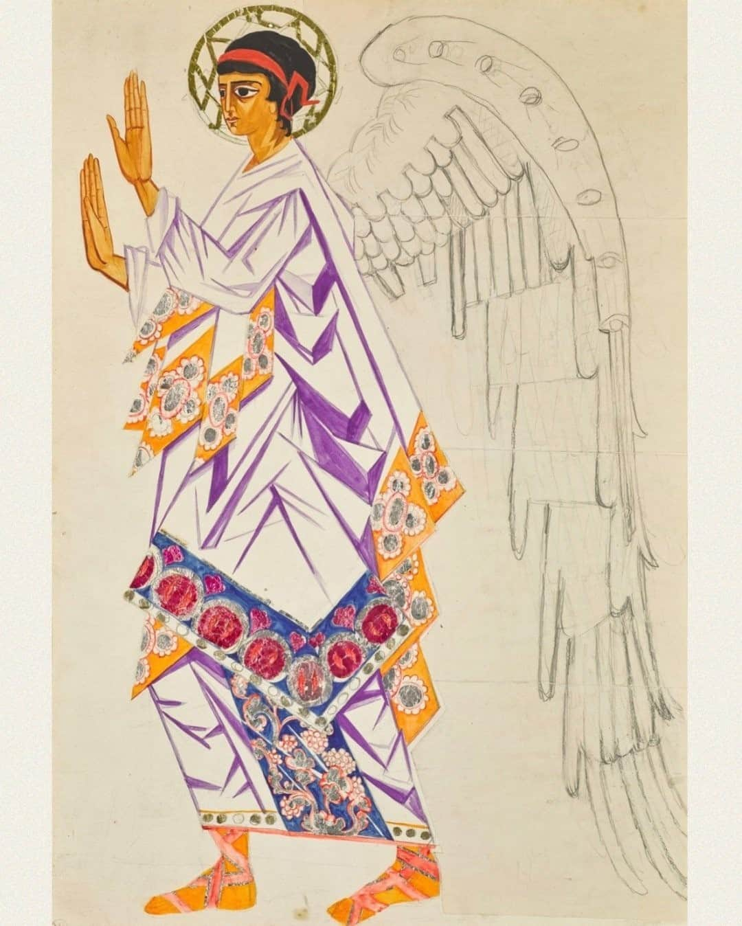 サザビーズさんのインスタグラム写真 - (サザビーズInstagram)「Tin foil at the ready! This week’s #SothebysSundaySketch is an intricate Russian costume design, with the borders of this shining angel’s robe heightened with silver foiling 👼  Pick up a pencil have a go at recreating the design, whether you follow the sketch line-for-line, or create your own interpretation! Upload your finished masterpiece to Instagram, tagging @sothebys, and hashtagging #SothebysSundaySketch. We’ll share a handful of entries in our story later today.  The work, titled ‘An Angel in Liturgie’ by Natalia Sergeevna Goncharova, is up for auction as part of our Russian Pictures auction, open for bidding until tomorrow.  #SothebysRussian #WeekendChallenge #RussianArt」11月29日 15時30分 - sothebys