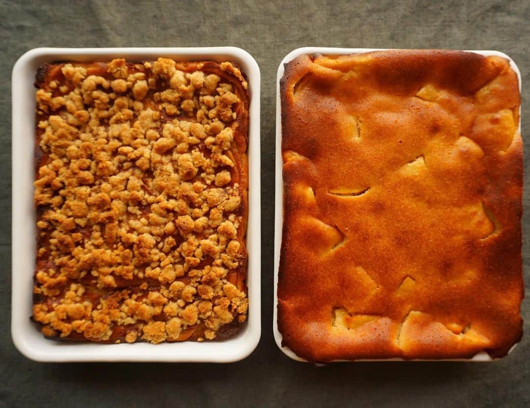 のインスタグラム：「*. 🍎🍎🍎 りんごのケーキを2種類作ったよ♡ 右側がヨーグルトポムポム🍎 左側がガトーインビジブル🍎 *. 義実家からたくさん林檎をいただいて、1日2個ペースで食べてるんだけどそれでもなくならないからケーキにしちゃえ！というやつ😘 明日職場に持って行ってみんなに食べてもらっちゃう🙈❣️ ヨーグルトポムポムは小さい頃母がよく作ってくれて、学校から帰ってくるといい匂いがしてわくわくしたなぁ♡ そんな思い出のケーキを久しぶりに作って実家が更に恋しくなりました🥺💓 それではみなさま、素敵な日曜の夜をお過ごしくださいね♡ *. *. *. #🍎#りんご#お菓子作り#cake#野田琺瑯」