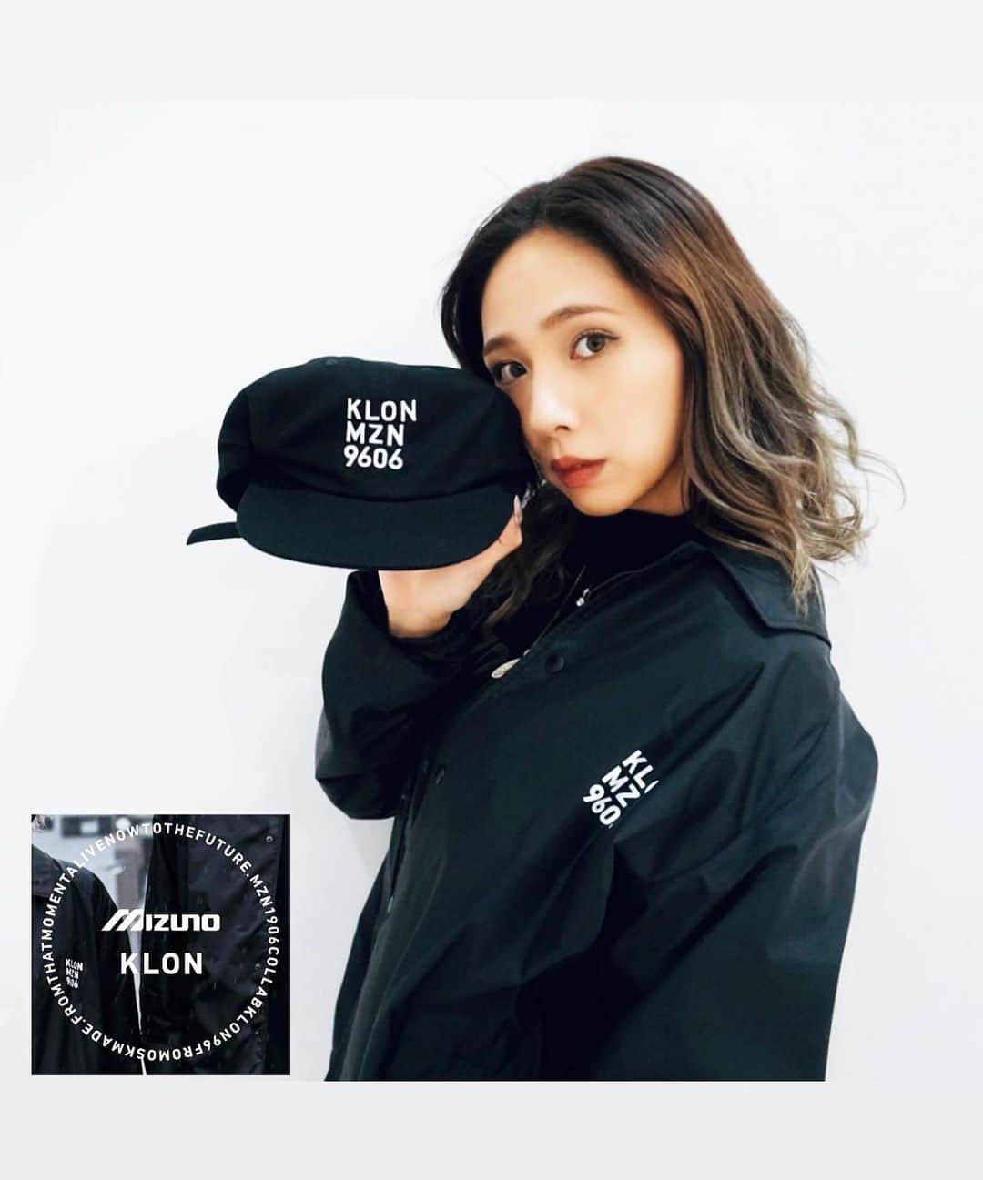 のインスタグラム：「． @klon_klon_klon × @mizuno_sports_style 👕🤍  KLONとMizunoのコラボ新作🙏🏼✨ コーチジャケットはLサイズきてます💕 ストレートキャップも可愛くて 他にも商品あるので是非CHECKしてね✅ ． #klon#mizuno#sports」