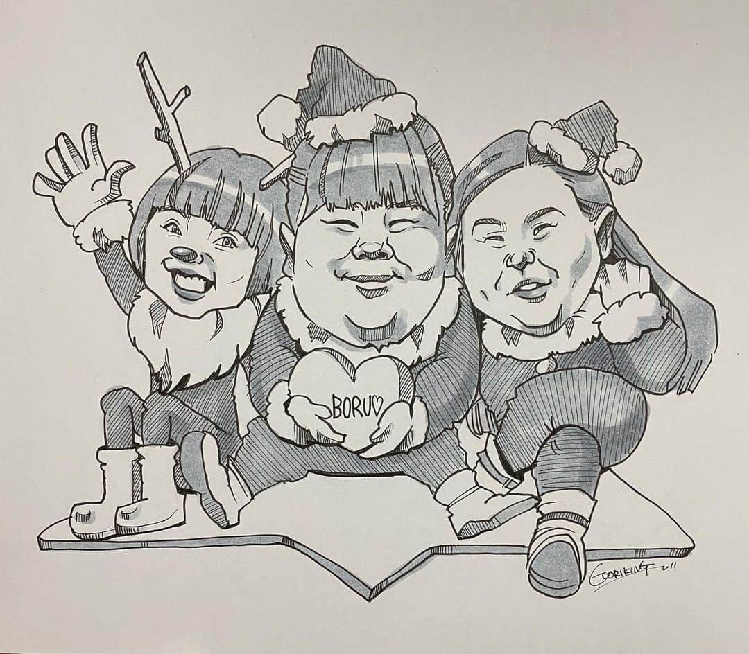 似顔絵★𝗚𝗢𝗥𝗜𝗞𝗜𝗡𝗚のインスタグラム：「. . . #gorikingの細ペンgogo笑   ↑↑前このタグ作ってたんだった🤣 作りすぎて全然覚えていない🤣  . . 昨晩のお絵かきは、 今人気の #ぼる塾 の3人さん❤️❤️  ようやく #gorikingのクリスマスシリーズ2020  突入です🤣❤️ 　. . . . 私、あんりさんの、笑顔がほんと可愛くてたまらなく好きです💕✨✨　　　  . .  ❌❌現在は、予約受付終了してます❌❌ 。 . . .  2020年度ご予約のお客✨ 現在135番までの方へ案内中です🌟✨💕 DMの確認いただきgmailへ返信宜しくお願い致します🙇‍♀️🌟✨✨ . . . .  次回の予約応募は、2020年のご予約分を書き終える予定の 来年春から夏頃の、、、予定です。 ※あくまでも予定なので前後します🙇‍♀️ . . . .  オーダー再開の際には 人数制限あるため必ず予約ができるわけではございません。 そのことも踏まえた上で 次回ご検討いただけると嬉しいです(^^) . . また、結婚式の使用を考えてくださる方も多いです✨  前々からお伝えしていますが、 基本的に予約順に対応しているため、 近々の納期を希望される方は、 対応できないこともあるので、 あらかじめご了承ください💦 . . . . . ※今回予約が取れた方へ※ . .  写真がまだ用意できてない、入金が遅れそうなど、状況により、順番が前後することもございます‼️ あらかじめご了承ください。 。 . . . また、芸能人、キャラクターのオーダー、パロディ風オーダーはお断りしています。  芸能人については、ご本人様に直接プレゼントなどはOKです。 . . . . . . 💰料金表は過去投稿記事みてね❤💰 . . . . . ➡️ハッシュタグ⇨ goriking117料金表2019⬅️ . . ✨✨✨✨✨✨✨✨✨✨✨✨✨✨✨✨ @by.goriking のアカウントでは、 過去書かせて頂いたお客様方からの、 似顔絵のその後のお写真をいただき、 投稿しております^ - ^❤️❤️ 玄関に飾ってある似顔絵、 渡した瞬間のお写真、 ご本人とのお写真などなど💕 いろんな場面でのお写真お待ちしております^ - ^✨⭐️ . . . .  #似顔絵#pencildrawing#drawing#pencil#illust#painting#art#artwork#絵描きさんと繋がりたい#似顔絵師#gorikingの似顔絵屋さん#ペン画#線画#線画イラスト#絵画#xmas#クリスマス#女芸人#santacruz#santa#pencilartist#animal#comicart#anime#animeart#comicartist#animejapan」