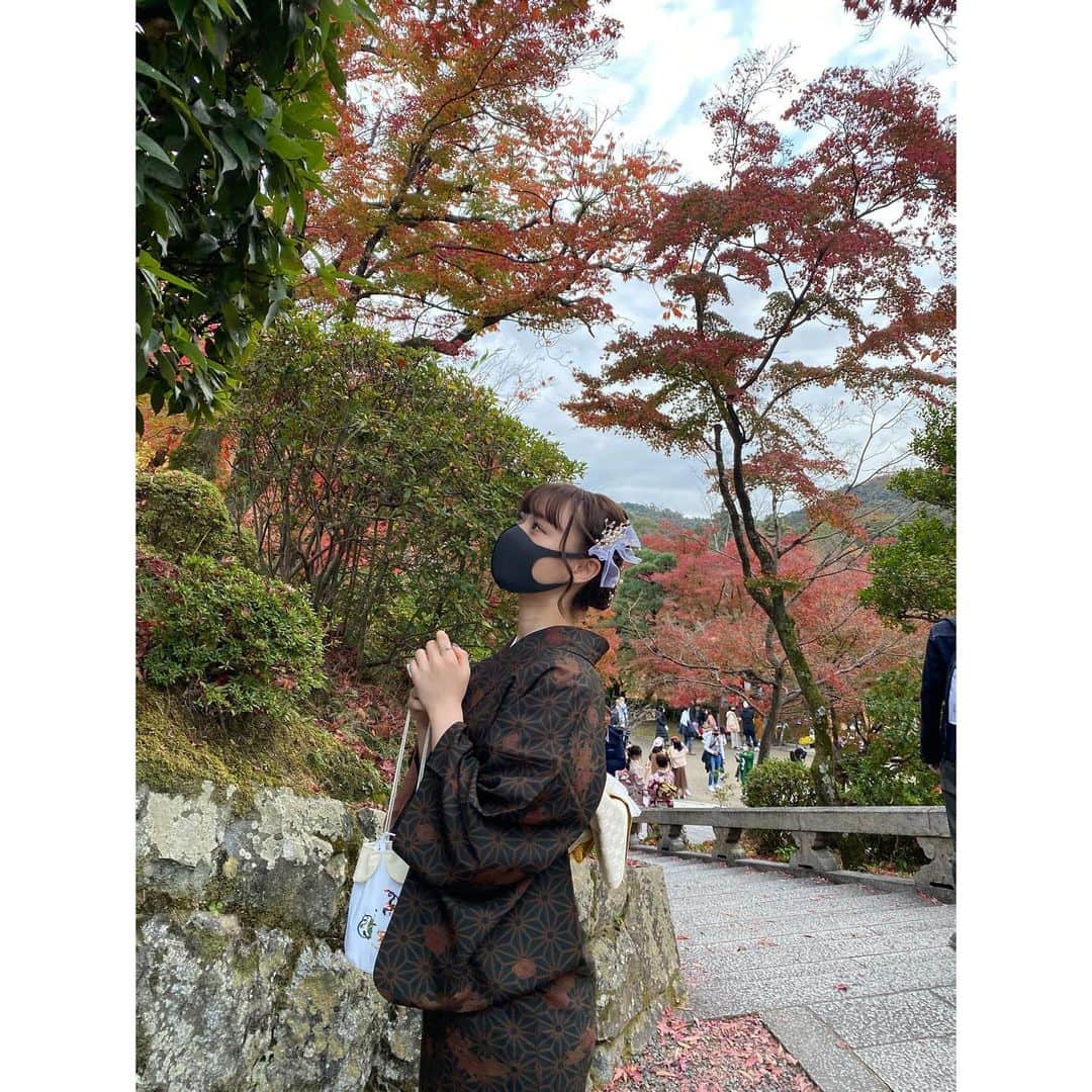 のインスタグラム：「☺︎☺︎☺︎ 着物を着て清水寺で紅葉みてきた時の写真🍁 心が洗われるような景色で、明日からがんばろうと思えた日でした☺︎  コロナ禍で世の中が混乱している中ではありますが、先日大阪・京都旅行に行きました。  皆様一人一人が様々な意見をもち、旅行に対して賛否両論の声があるとは思います。  出先での消毒除菌・マスク着用をしての対策など様々なことに気を遣いながら久々の遠出を楽しみました。 この投稿を見て少しでも嫌な気持ちになるようなことがあれば、メッセージ、コメント下さい😣」