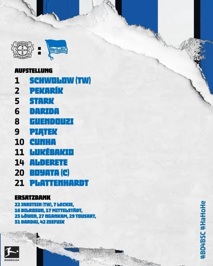 ヘルタ・ベルリンのインスタグラム：「Mit dieser 1️⃣1️⃣ starten wir bei #B04BSC!  . . #HaHoHe #herthabsc」