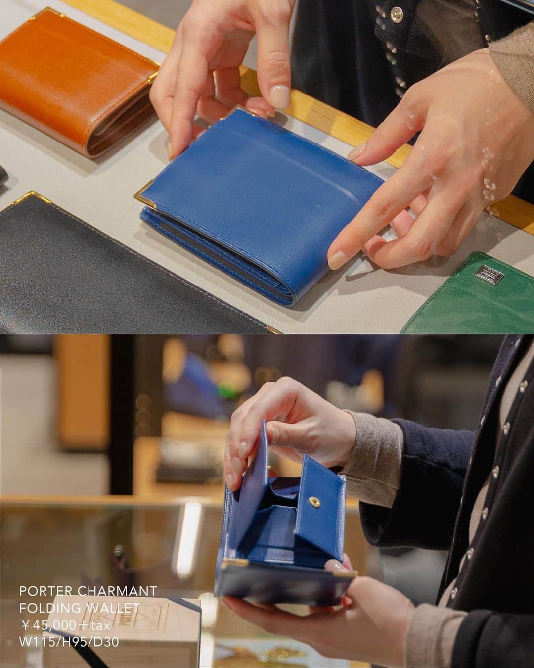 のインスタグラム：「. これからのギフトシーズンにおすすめの上品で高級感のある「PORTER CHARMANT（シャルマン）」シリーズです。  キメが細かく柔らかいフランスの最高級カーフを使用し、型からオリジナルで製作したゴールドのコーナー金具を施すことで、エレガントでオーセンティックに仕上げました。  表革はフランスの名門タンナー、デュプイ社の「シャトーブリアン」を使用しています。通常のボックスカーフに比べ、柔らかいタッチ感や独特のコシ、美しい肌目が魅力です。染料と顔料を少量ずつ加えた独自のセミアニリン仕上げで、透明感のある綺麗な色艶をお楽しみいただけます。  ゴールドのコーナー金具は、1930年代にイギリスで作られたトラベルウォレットなどに見られた装飾がモチーフです。当時はスターリングシルバーを使用し、ピンなどで丁寧に留めており、そのディテールをゴールドで取り入れてアクセントにしました。 背面には、PORTERロゴをレーザー加工で施したICカードポケットを取り付けました。 さらに、PORTERロゴをゴールドの箔押しで施したオリジナルの桐箱が付属します。  FOLDING WALLET ￥45,000＋tax W115/H95/D30mm  CARD CASE ￥28,000＋tax W110/H78/D18mm  ぜひこの機会に店頭でお手にとってご覧ください。  #yoshidakaban #porter #luggagelabel #porteryoshida #madeinjapan #japan #porterstand #charmant #longwallet #wallet #cardcase #france #dupuy #boxcalf #leather #paulowniabox #吉田カバン #ポーター #日本製 #ポータースタンド #シャルマン #ウォレット #財布 #カードケース #革 #レザー #桐箱」