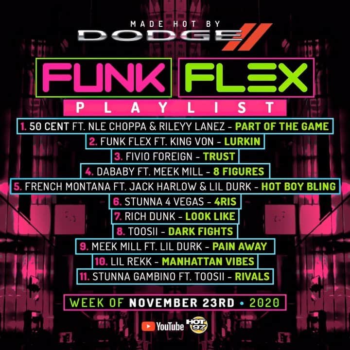 ファンクマスター・フレックスのインスタグラム：「Playlist Manager: @wilmajor   1 @50Cent ft. @nlechoppamusic & @rileyy_lz - Part Of The Game @rene_0713  2 @FunkFlex x @kingvonfrmdao - Lurkin (Prod. by @bmcbeats ) @inflexwetrust @markbuol 3 @FivioForeign_8fs - Trust (prod. by @axlbeats_1 ) @fsr.management @columbiarecords 4 @DaBaby ft. @MeekMill - 8 figures (Pord. @wizzlegotbeats @iamdjkid )  @arnoldltaylor @interscope 5 @FrenchMontana ft. @JackHarlow & @LilDurk - Hot Boy Bling (Prod by @JetsonMade #1stClass  #Starboy @JasperHarris ) @salxo @cashxo  6 @Stunna4Vegas - 4Risk (Prod. by #Hollo #yungglizzy @DaBaby @interscope 7 @richdunk_lok - Look Like #billiondollababyent 8 @Toosii2x - Dark Fights @arnoldltaylor @southcoastmusicgroup 9 @MeekMill ft. #LilDurk - Pain Away (Prod by @epikhpro #S1 )  @dreamchasers @atlanticrecords 10 @lilrekk - Manhattan Vibes (Prod. by @1dayout @elteeprod ) @qp_hbtl + @babydubai_hbtl @highbridgethelabel @sultan100mill 11 @stunna.gambino ft. @Toosii2x - Rivals (Prod. by @andyr_ )」