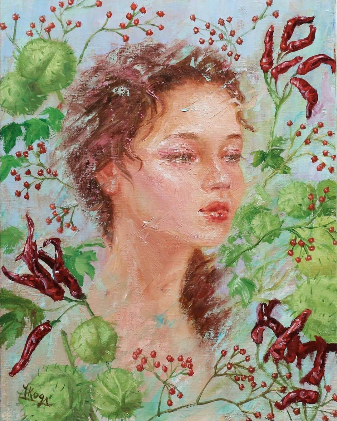古賀陽子のインスタグラム：「“唐辛子と風船唐綿”  ・ 【神戸個展 開催中】 油彩画家 古賀陽子 個展　〜Nymphの世界〜 開催日時: 2020年11月20日(金)〜12月1日(火) 11:00〜19:00  ※最終日は17:00まで ※25日(水)は休廊日です  場所: FLORE Artist Gallery 神戸市中央区山本通 1－7－9ブーミン北野  1F  アクセス: 阪急電鉄三宮駅・JR 三ノ宮駅 東出口→徒歩８分、阪神電鉄三宮西出口→徒歩５分、東海道新幹線新神戸駅→車５分  小作品から大作まで30点を超える新作を発表。 人物を中心に、小動物やお花の作品も展示いたします。  COVID-19感染拡大防止のため会場内ではマスクを着用の上、ソーシャルディスタンスを十分にお取りくださいますようお願い致します。  ●Web個展● ホームページへはプロフィール @y.koga7 から < オンラインショップ > https://yokokoga.official.ec 　販売期間 : 11/22(日) PM 9時～12/2(水) PM 9時  　ホームページからもアクセスいただけます。  < VRツアー > ※特別な機械は必要ありません。 　準備出来次第公開開始 :  ホームページよりご覧いただけます。 ーーーーーーーーーーーーーーー “ The Peppers and the Wild Cottons”  【Web Exhibition】 Access from the link in bio Please enjoy the exhibition online.  【the online shop】 https://yokokoga.official.ec They are sold until Wed. 12/2 9pm Access from the link in bio  【The solo exhibition in Kobe】 “The World of Nymphs” 20th Nov. 2020〜1st Dec. 11:00am〜7:00 pm ※the final day→opens unti 5pm  ※close→Wed. 25th  Gallery: @floreartistgallery  FLORE Artist Gallery 神戸市中央区山本通 1－7－9ブーミン北野  1F  ———————————————————————  #アート #アーティスト #アートワーク  #アートコレクター #画家 #美術館 #作品 #絵画展 #アートのある暮らし #絵画のある暮らし #絵のある暮らし #アート好きな人と繋がりたい #ギャラリー #個展  #油絵 #画廊 #人物画 #美人画 #神戸 #三宮 #北野坂 #西宮 #art #artwork #gallery #artist #oilpaintartist #exhibition #古賀陽子 #yokokoga」