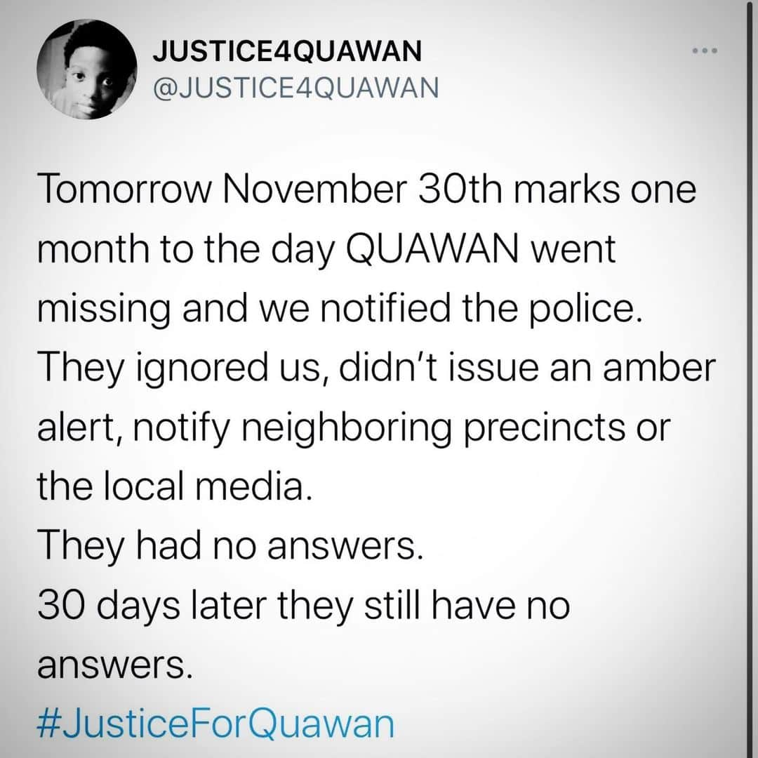 アンナ・パキンさんのインスタグラム写真 - (アンナ・パキンInstagram)「ONE MONTH AND NO ANSWERS?! UNACCEPTABLE. #justice4quawan #sayhisname #blacklivesmatter  #Repost @justiceforquawancharles ・・・ Tomorrow marks one month QUAWAN went missing. We have basically done the cops job for them. We know who last seen him alive, we know they bleached their car, we know they up and skip town in the middle of the night, we know they never contact us to offer their prayers or help us look for Quawan, we know they hiding. The question is WHAT ARE THE POLICE HIDING? Why aren’t they doing their job? Why did they let them leave town? Why haven’t they arrested them? Why are they not communicating with us? WHY? WHY?」11月30日 10時16分 - _annapaquin