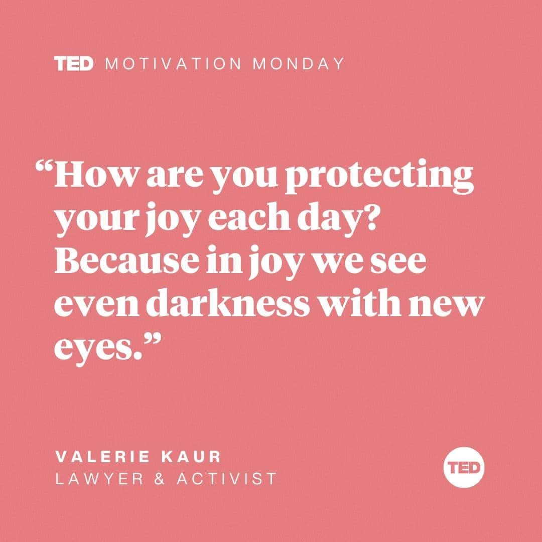 TED Talksのインスタグラム：「Can you give yourself a moment to be joyful today? “Joy is the gift of love,” says activist, lawyer and filmmaker @ValarieKaur. "Our joy is an act of moral resistance.” When she saw members of the Sikh and Muslim communities in the US unfairly targeted after the 9/11 terrorist attacks, Kaur was inspired to stand up and fight to stop discrimination. She found herself faced with a choice: Would she lead with love or hatred? “In this era of enormous rage, when the fires are burning all around us, I believe that revolutionary love is the call of our times,” she says. She believes that leading with love — for ourselves, other people and even our enemies —  is a powerful tool in our efforts to achieve a more just and less divided world. Visit the link in our bio to watch her powerful talk about love, forgiveness and joy in the face of darkness. #MotivationMonday」