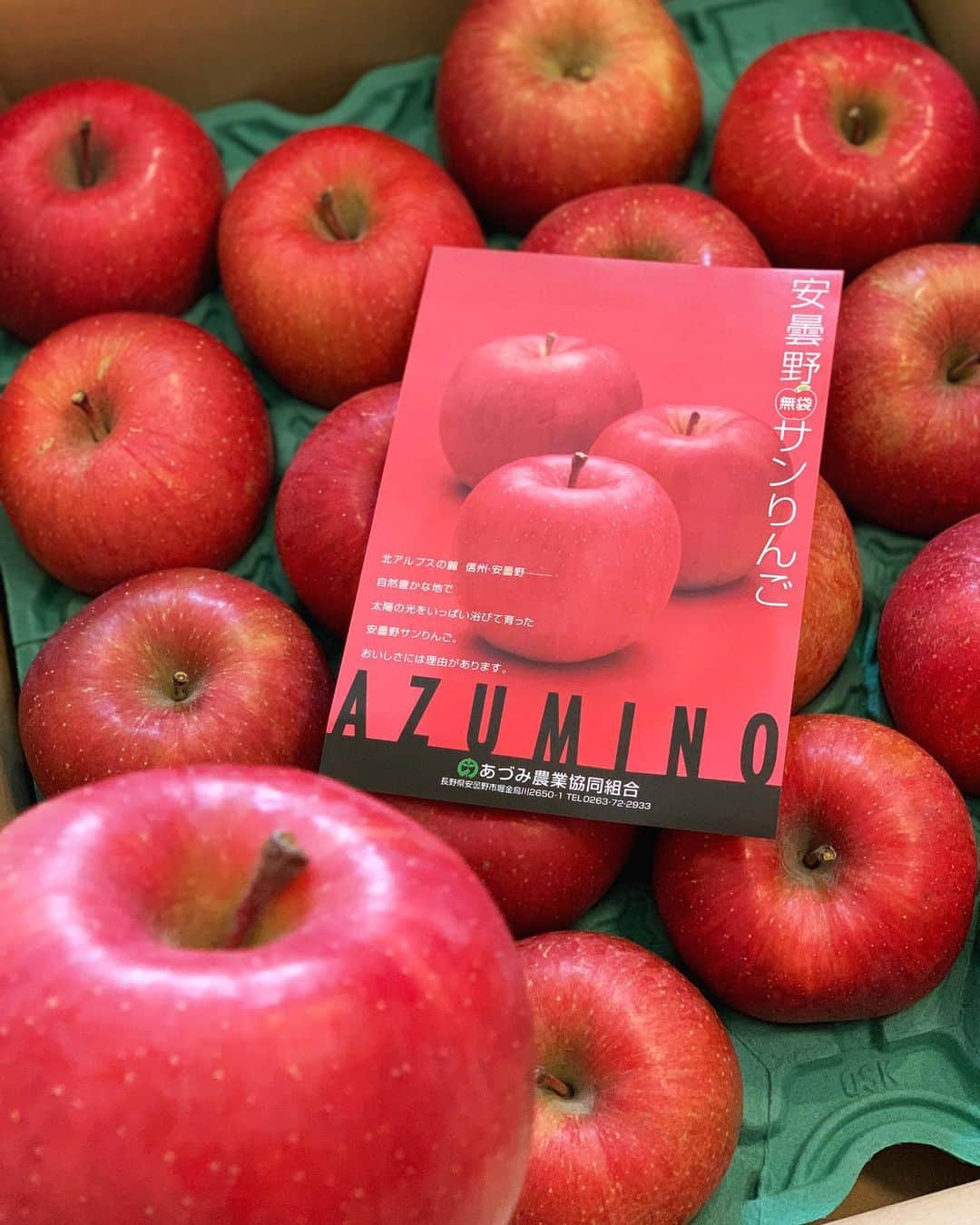 上杉あずさのインスタグラム：「. #長野 から素敵な贈り物🎁 #安曇野サンりんご #🍎 めちゃくちゃシャキシャキで酸味も旨味もたまらなく美味しい♡♡ 小林先生、ありがとうございます✨ #安曇野 #りんご #リンゴ #フルーツ #信州 #果実 #北アルプス #nagano #shinshu #azumino #apple #fruits」