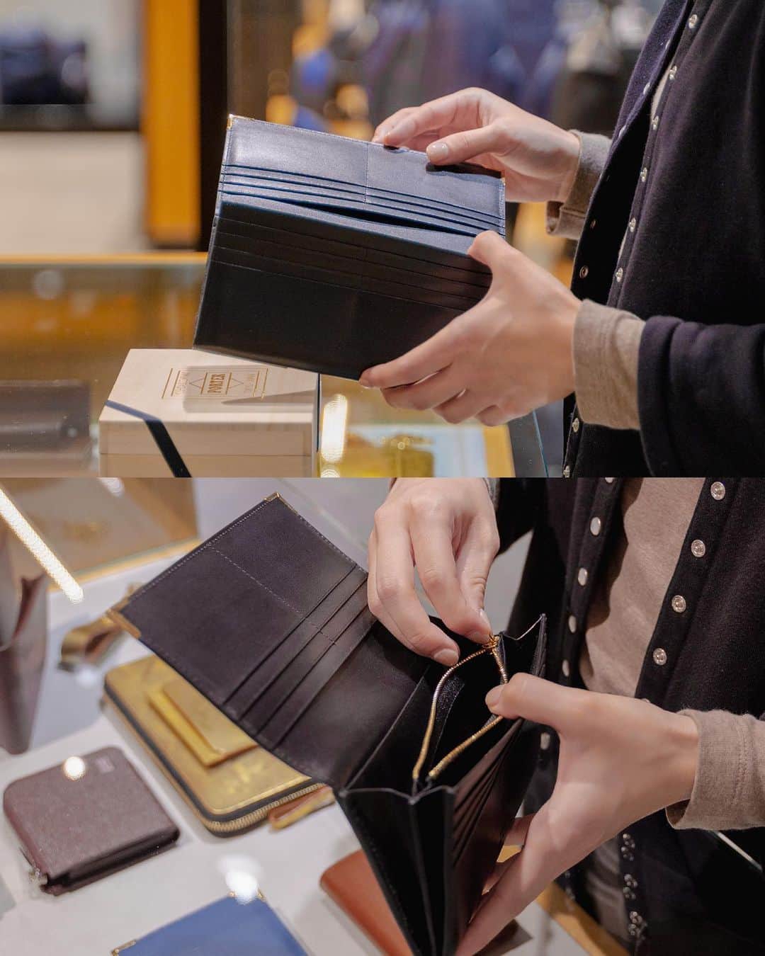 のインスタグラム：「. これからのギフトシーズンにおすすめの上品で高級感のある「PORTER CHARMANT（シャルマン）」シリーズです。  キメが細かく柔らかいフランスの最高級カーフを使用し、型からオリジナルで製作したゴールドのコーナー金具を施すことで、エレガントでオーセンティックに仕上げました。  表革はフランスの名門タンナー、デュプイ社の「シャトーブリアン」を使用しています。通常のボックスカーフに比べ、柔らかいタッチ感や独特のコシ、美しい肌目が魅力です。染料と顔料を少量ずつ加えた独自のセミアニリン仕上げで、透明感のある綺麗な色艶をお楽しみいただけます。  ゴールドのコーナー金具は、1930年代にイギリスで作られたトラベルウォレットなどに見られた装飾がモチーフです。当時はスターリングシルバーを使用し、ピンなどで丁寧に留めており、そのディテールをゴールドで取り入れてアクセントにしました。 背面には、PORTERロゴをレーザー加工で施したICカードポケットを取り付けました。 さらに、PORTERロゴをゴールドの箔押しで施したオリジナルの桐箱が付属します。  PORTER CHARMANT LONG WALLET ￥55,000＋tax W190/H105/D28mm  ぜひこの機会に店頭でお手にとってご覧ください。  #yoshidakaban #porter #luggagelabel #porteryoshida #madeinjapan #japan #porteratand #charmant #longwallet #wallet #cardcase #france #dupuy #boxcalf #leather #paulowniabox #吉田カバン #ポーター #日本製 #ポータースタンド #シャルマン #ウォレット #財布 #カードケース #革 #レザー #桐箱」