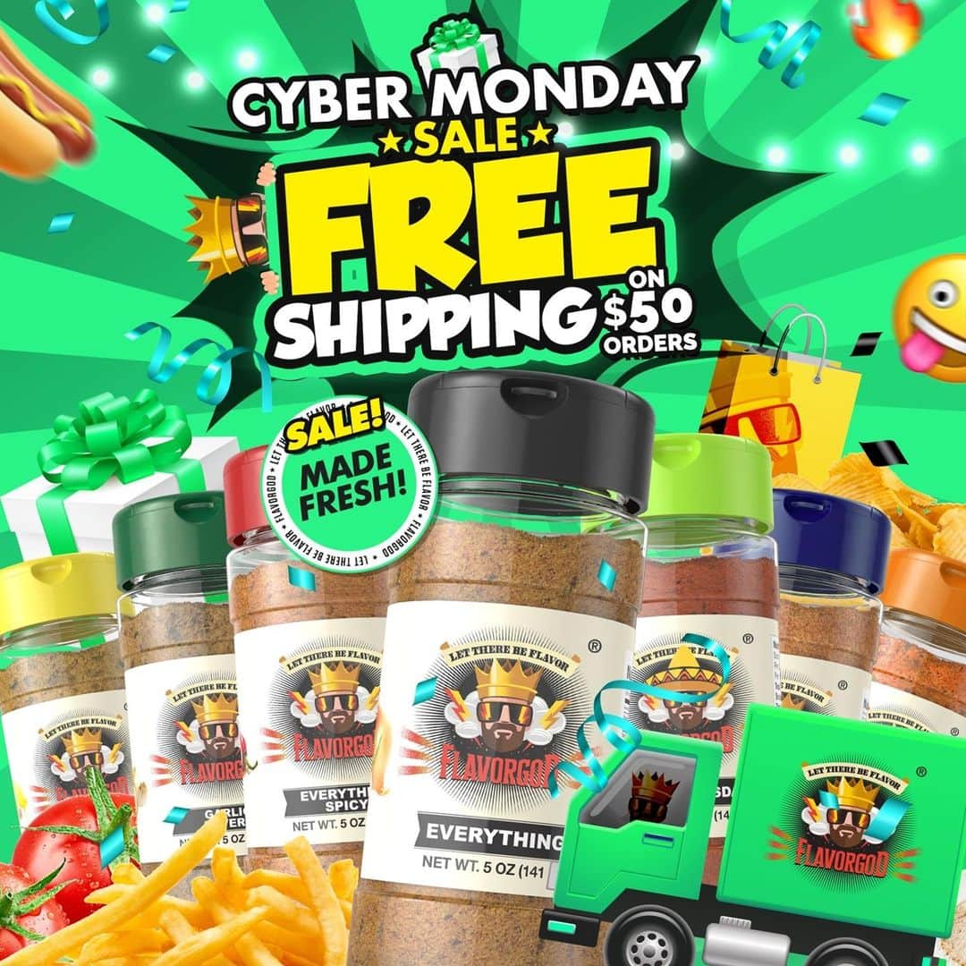 Flavorgod Seasoningsさんのインスタグラム写真 - (Flavorgod SeasoningsInstagram)「❇️❇️Cyber Monday SALE!!- 75% off ENTIRE Store!!❇️❇️⁠ -⁠ ✅FREE SHIPPING (lower 48 states) with purchases of $50+⁠ -⁠ Click on the link in bio for all details -> @flavorgod⁠ www.flavorgod.com⁠ -⁠ Flavor God Seasonings are:⁠ ✅ZERO CALORIES PER SERVING⁠ ✅MADE FRESH⁠ ✅MADE LOCALLY IN US⁠ ✅FREE GIFTS AT CHECKOUT⁠ ✅GLUTEN FREE⁠ ✅#PALEO & #KETO FRIENDLY⁠」11月30日 23時02分 - flavorgod