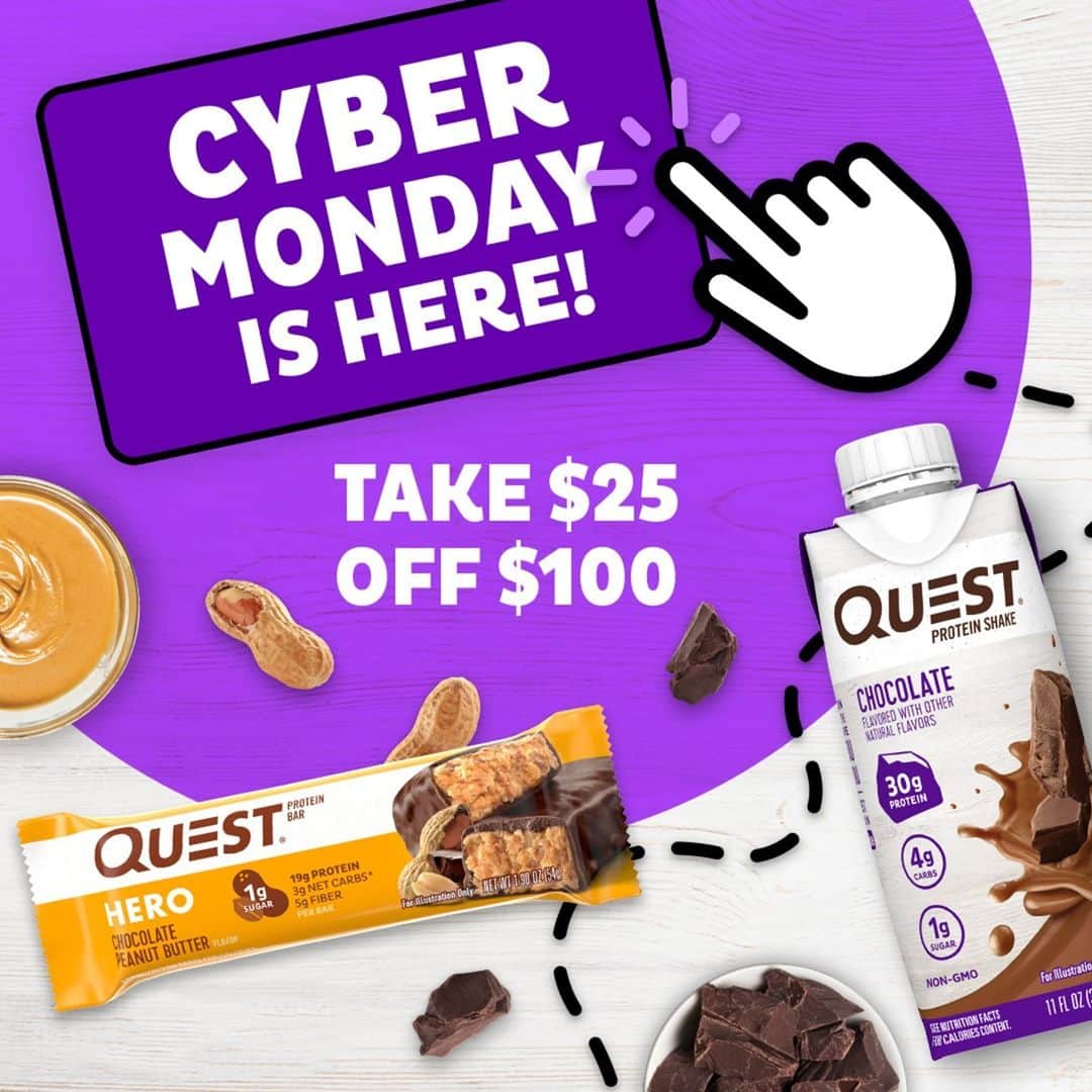 questnutritionさんのインスタグラム写真 - (questnutritionInstagram)「Our #CyberMonday sale begins! 🚨 Shop the entire QuestNutrition.com store & take $25 off your order of $100 or more. Sale ends on 11/30/2020 at 11:59 PM PDT. 💪  There’s no better time to stock up on Bars, Cookies, Chips, Shakes, Snack Bars, Pizzas, Peanut Butter Cups & Powders before the holidays. Limited time offer or while supplies last. 💯 #OnaQuest #QuestNutrition」11月30日 23時00分 - questnutrition