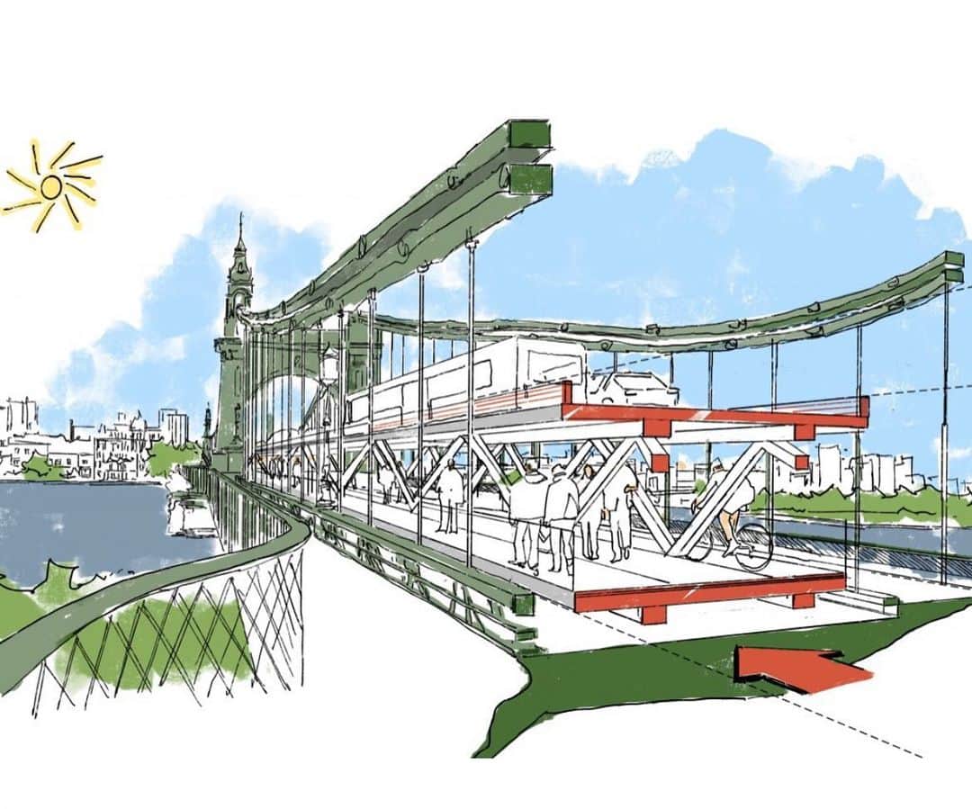 ノーマン・フォスターのインスタグラム：「A temporary double decker insert to open up Hammersmith Bridge over the Thames . Quicker and cheaper than other options - doing more with less .」