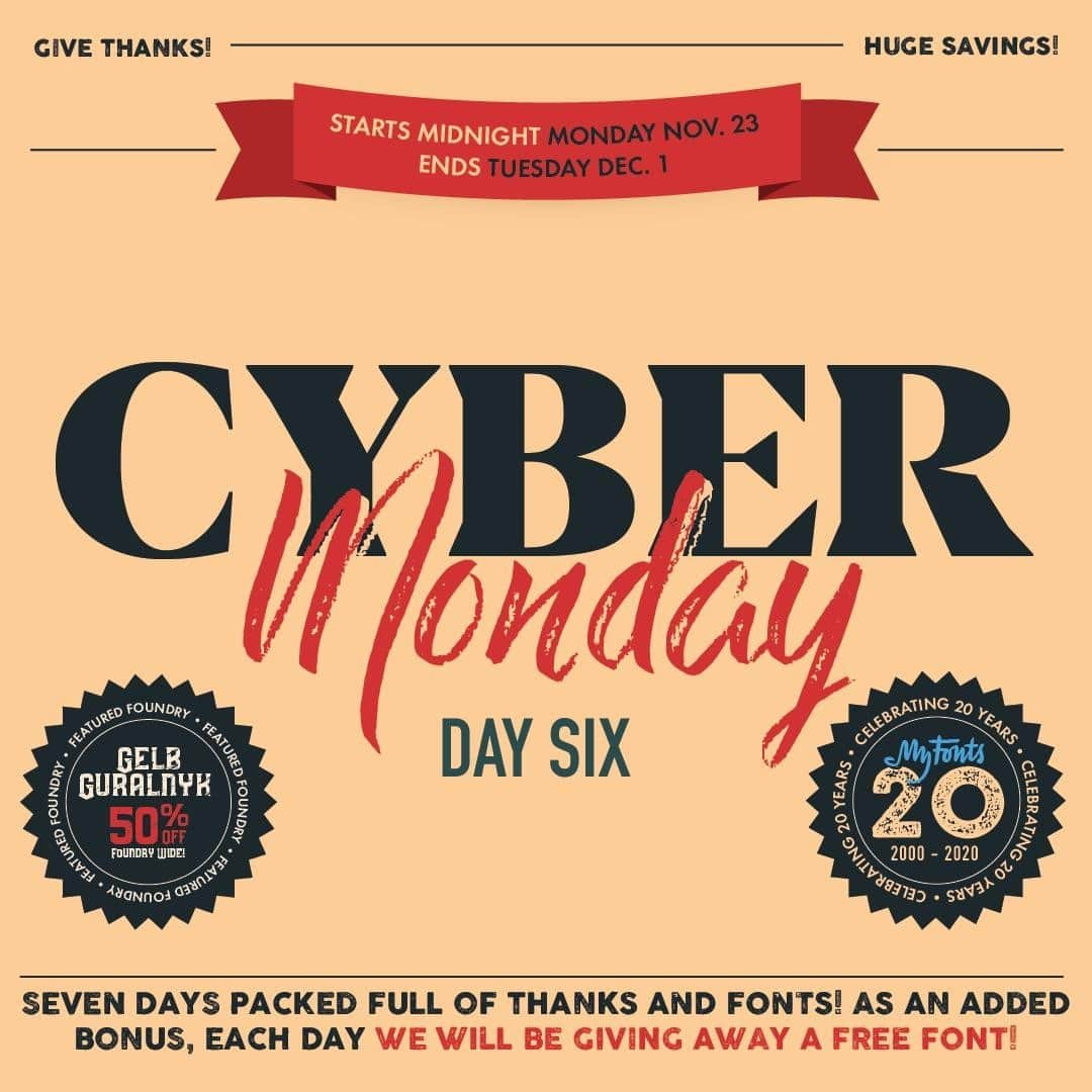 myfontsのインスタグラム：「Alas, we’re steadily creeping up on the end of this year’s #BFCMFontSale – if you want to get any of these huge discounts on type guaranteed to make your work look great, grab them ASAP.  Additionally, we’ve got a foundry-wide 50% discount on EVERYTHING by Gleb Guralnyk, TypeTrends, and Piñata: https://bit.ly/2IKEGPE」