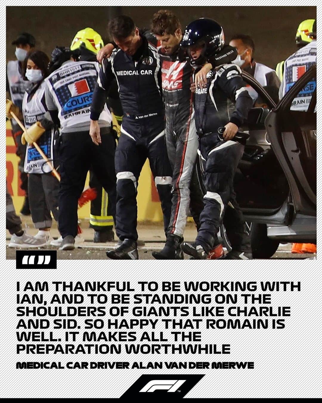 F1さんのインスタグラム写真 - (F1Instagram)「F1 safety pioneer Professor Sid Watkins initiated the practice of having the Medical Car follow the cars on Lap 1. On Sunday, it meant Alan van der Merwe and Dr Ian Roberts were almost immediately on the scene to help Romain Grosjean escape the fire  #F1 #Formula1 #BahrainGP」11月30日 18時00分 - f1