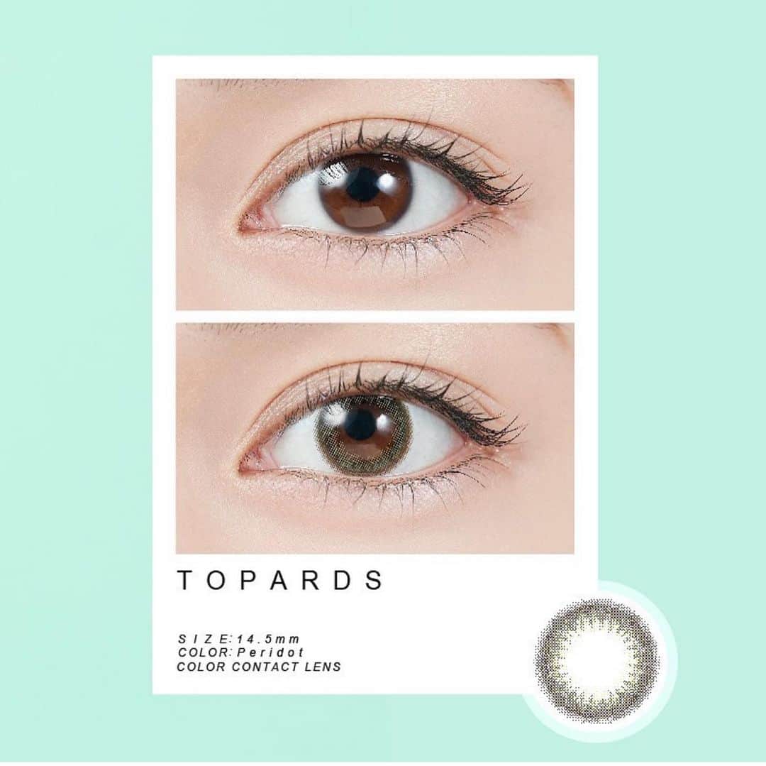 PIA official Instagramのインスタグラム：「【TOPARDS】 大好評の指原莉乃プロデュースカラコン『TOPARDS 』✨ 「Peridot」は、ミントカラーに グレーブラウンの縁を組み合わせたうるっとレンズ。 一回り大きく、みずみずしい瞳に🌿💚 ------------------------- BRAND： TOPARDS COLOR：Peridot SIZE：14.5mm GDIA：13.8mm BC：8.6mm PRICE：1,600円＋TAX MODEL：@345insta ------------------------- 今回の新色はDIA14.5mm（着色直径13.8mm）の 着色大き目ちょい盛れレンズ！ これまでの4色が少し物足りない という方にもおすすめのレンズです✨ #TOPARDS #トパーズ #指原莉乃 #指原カラコン #カラコンレポ #カラコン」