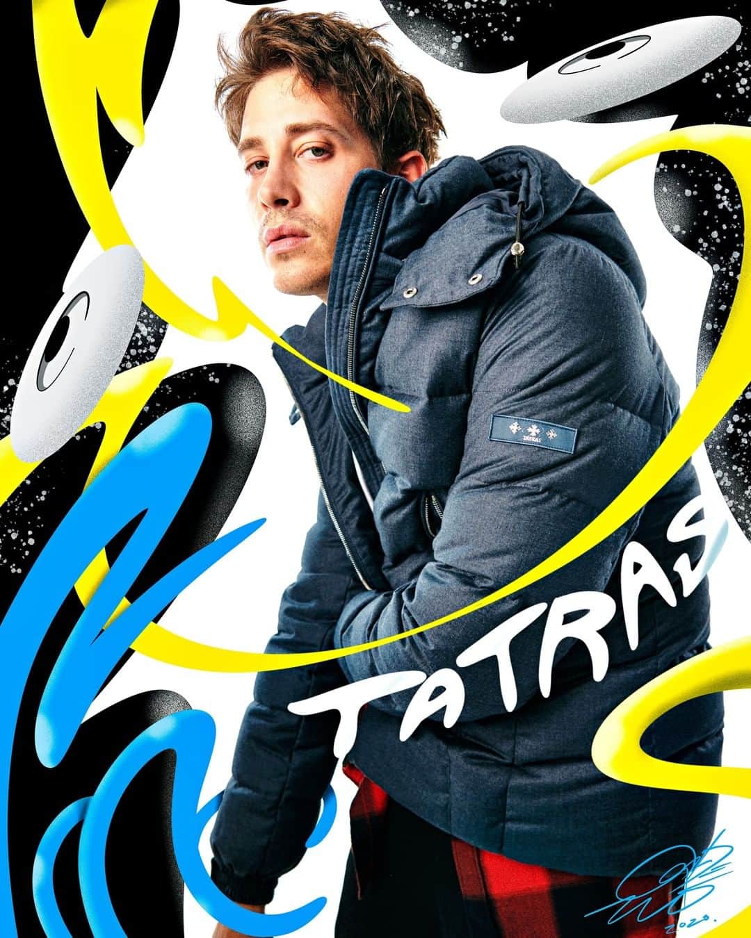 タトラスのインスタグラム：「Collaboration with a talented up and coming Japanese artist @coinparkingdelivery_art. This young hero's artwork has been recognized and sought after by the fashion industry for its unique creative process using only his smartphone to paint over photography.    Through this collaboration, TATRAS will deliver its new outerwear collection along with the power and fresh sense of the new young generation.  Find out more about the collaboration on Esquire.   #Tatrasofficial #tatraspeople」