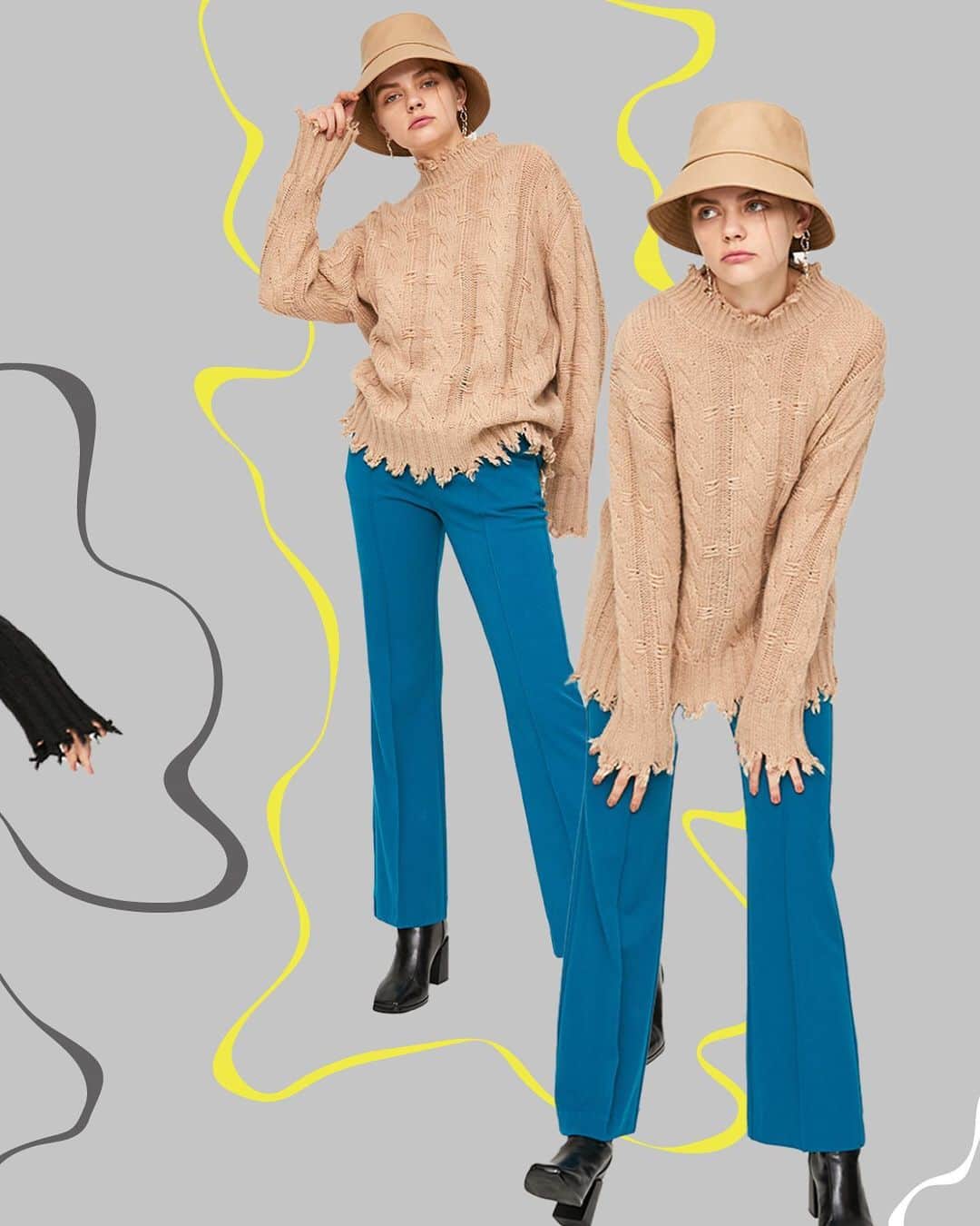 のインスタグラム：「SLY'S RECOMMEND KNIT ITEM ——————————————————— SLY店舗・SHEL'TTER WEBSTORE・ZOZOTOWNにて発売中  ☑︎DAMAGED WOOL MIX LOOSE TOPS (030DAH70-6990) BEG,O/WHT,BLK ¥9,000+tax ㅤㅤㅤㅤㅤㅤㅤㅤㅤㅤㅤㅤㅤ トレンド感のあるダメージ加工を施し一枚で印象的なデザインに。 ゆったりとしたシルエットなので、体型を気にせず着用できるのも嬉しいポイント。 ——————————————————— #SLY #SLY_fav」