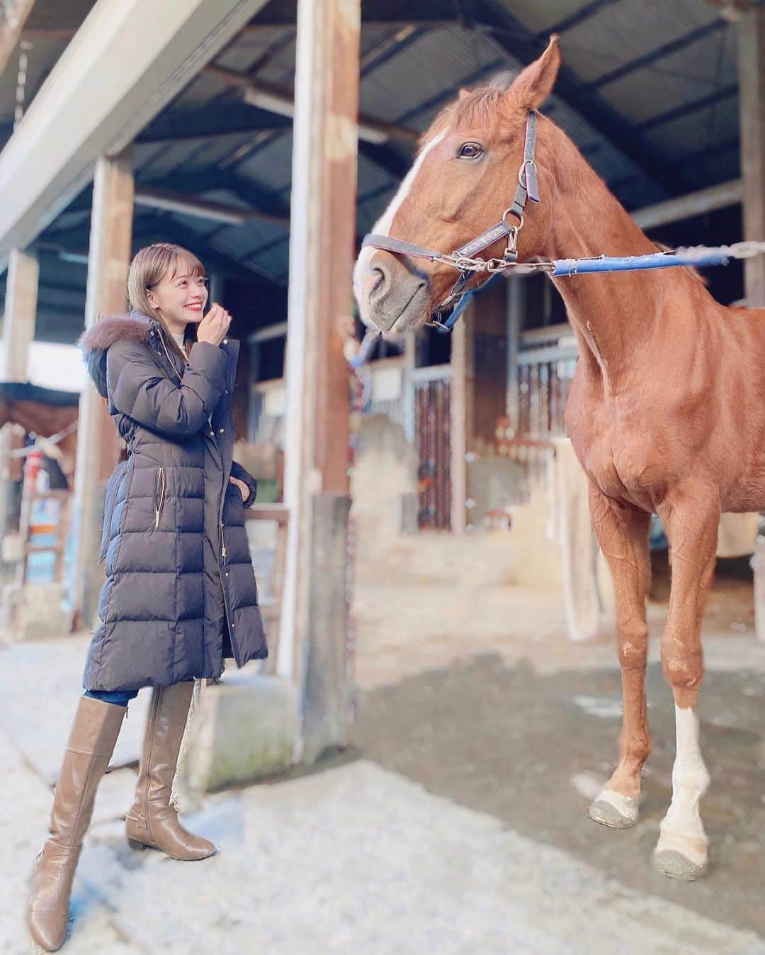 山崎春佳さんのインスタグラム写真 - (山崎春佳Instagram)「🏇❤️ . 先日八王子乗馬クラブへ。 犬猫にもビビる私にはこわいかも…と不安だった気持ちは何処へやら。ただただ美しいお馬さんに癒されました。 . 上質なファーが気持ちいい新しいコートは @proportionbodydressing のもの。 きれいめで高級感溢れるダウンコートを実はずっと 探していたの！ あったかいのにおしゃれでもあるって最高ですよね👏🏻 ウエストには紐がついているので前にも結べるけど、 今回は後ろでキュって縛って前を開けていても くびれるようにしたよ✧ . ここからは余談ですが。 乗馬ってスキンシップを大事にするスポーツなのですが、初めて馬を何度も撫でていたらだんだんと、あれ？クシャミが止まらないな？となり、帰り道はグジュングシュンに。🤧(笑) まさかの山崎、馬アレルギーでした。また行くけどね！ . #me #tbt #ootd #casual #horsebackriding #horse #beautiful #coat #pbd #proportionbodydressing #proportion #boots #八王子乗馬クラブ #八王子 #乗馬 #コート #ダウンコート #プロポ #プロポーションボディドレッシング」11月30日 21時43分 - haruka_yamazaki