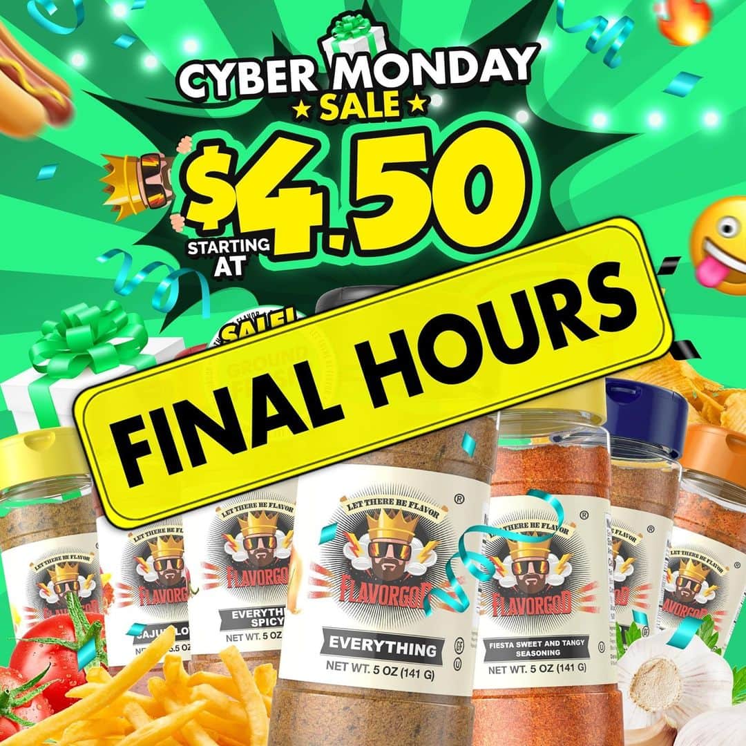 Flavorgod Seasoningsさんのインスタグラム写真 - (Flavorgod SeasoningsInstagram)「❇️❇️FINAL HOURS!! Cyber Monday SALE-  75% off ENTIRE Store!!❇️❇️⁠ -⁠ ✅FREE SHIPPING (lower 48 states) with purchases of $50+⁠ -⁠ Click on the link in bio for all details -> @flavorgod⁠ www.flavorgod.com⁠ -⁠ Flavor God Seasonings are:⁠ ✅ZERO CALORIES PER SERVING⁠ ✅MADE FRESH⁠ ✅MADE LOCALLY IN US⁠ ✅FREE GIFTS AT CHECKOUT⁠ ✅GLUTEN FREE⁠ ✅#PALEO & #KETO FRIENDLY⁠」12月1日 7時50分 - flavorgod
