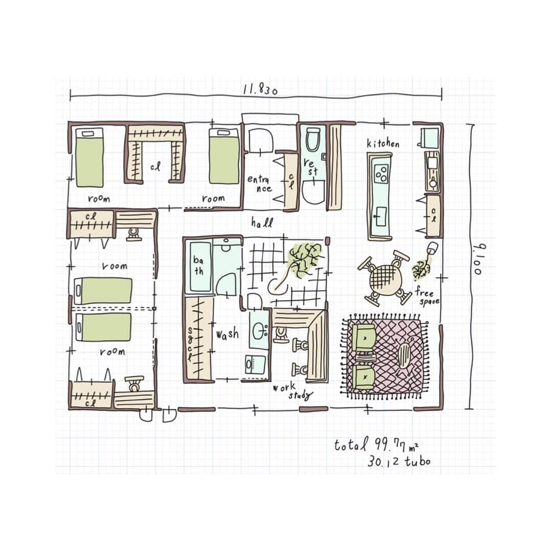 kiyoshi.tabuchiさんのインスタグラム写真 - (kiyoshi.tabuchiInstagram)「. . おはようございます！ . 久しぶりに描き描き、、 描き始めると止まらない、、 そんなもんやね . 最近はずっと 3Dの世界にいるから まぁやっぱりこれはこれで トキメク（笑） . あるお仕事で P社のMO様に時代に あった平家を至急考えてー と依頼があったので さっと描き上げたー . 『家族が曖昧な家』 . これで30坪だから いい感じ . さてほてさて まずはPOINTは中庭。 お風呂から中庭に出れる！ WORK & STUDY ROOMから も中庭が眺めれる！ . たまらん！ . そして 南西にある子供部屋は 1部屋にしても 2部屋でもオッケー . 1つは完全に仕事部屋でも良き . そして北西には タブチ推奨の 愛ある家庭内別居 . あっもちろん シングルではなくて ダブルベットも置けれるように 設定してるので、 どちらかダブルにして 愛し合っても良い . 1つはベットルームにして 1つはウヒヒ部屋にしても良い . 寝室に大きな 収納はあるし 洗面所にも大きな クローゼットを配置！ . で これまたタブチ推奨の FREE SPACEに プロジェクターーー . でね見て見て 廊下とFREE SPACEと キッチンが中庭を 中心に回れるのー . コンセプトは 夫婦の家でもええし 夫婦と子供1人でもええし シングルマザーと 子供でもええし 結婚してない老カップルでも ええ感じの 家族が曖昧の家（笑） . 緩く楽しく生きようぜー 的な感じっす（笑） . あっP社にプレゼンするときは 曖昧とは使わずカチって 整えますーーー . これはあくまでも 宇宙人タブチの世界（笑） . . ハッピー*\(^o^)/* . . . . . . . . . . . . . . .  #インテリア#暮らし#タブチキヨシ #間取り#新築#家#マイホーム#リノベ#リノベーション#リフォーム#ハウスステージ#名古屋新築#名古屋工務店#家づくり#大阪新築#京都新築#名古屋京都大阪で新築やリノベしております#interiordesign#home#room#house#floorplan#instalove #myroom #plan#homeplant」12月1日 8時14分 - kiyoshi.tabuchi