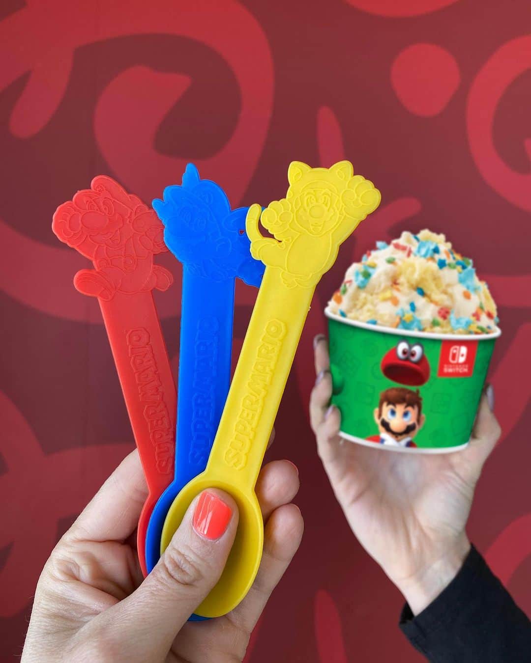 コールド・ストーン・クリーマリーのインスタグラム：「We will be giving away these collectible Nintendo themed Spoons with the purchase of the Mario's Super Birthday Blast Creation™, Mario's Super Star Shake, and Rainbow Road Rally Cake for a limited time! Go get yours in store or order online today! *At participating locations, while supplies last.」
