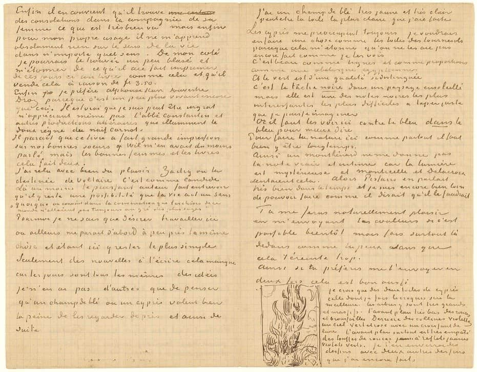 ニューヨーク近代美術館さんのインスタグラム写真 - (ニューヨーク近代美術館Instagram)「#VincentvanGogh described the very beginnings of his most beloved painting, "The Starry Night," in this June 1889 letter to his brother Theo:  "I believe that of the two cypress canvases, the one I am sketching here will be the better. The trees are very large and massive, the foreground very low, brambles and brush. Behind, purple hills, a green and pink sky with a crescent moon. The foreground especially is very thick, tufts of brambles with yellow, purple and green reflections. I will send you drawings of it along with two other drawings that I have made. That will keep me busy for the next few days. Finding something to do all day is the big thing here."  The artist's letters offer an intimate glimpse into his heart and mind. This Thursday, December 3, at 8:00 p.m. EST, join @annadeaveresmith for a reading of correspondence exchanged during van Gogh’s first weeks in the asylum in St.-Remy—including the June 1889 letter in which he mentions a “new study of a starry sky”—and a live Q&A with curator @ann.temkin. Get more details at the link in our bio.  Our next #MoMAVirtualViews journeys into the perennial visitor favorite at MoMA, but you can explore more of Van Gogh's letters in the @vangoghmuseum exhibition "'Your loving Vincent’: Van Gogh’s Greatest Letters." --- [Vincent van Gogh To Theo van Gogh. Saint-Rémy-de-Provence, Tuesday, 25 June 1889. Collection Van Gogh Museum; Vincent van Gogh. "The Starry Night," Saint Rémy, June 1889. Collection of The Museum of Modern Art] #StarryNight #VanGogh #MoMACollection」12月1日 8時25分 - themuseumofmodernart