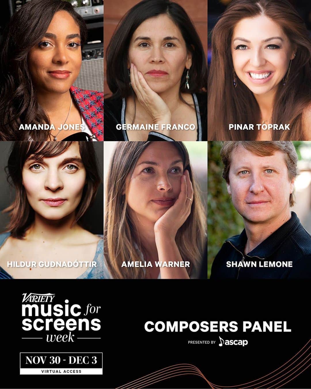 ASCAPさんのインスタグラム写真 - (ASCAPInstagram)「MUSIC FOR SCREENS 🎶🎥 Tune in to #VarietyMusicWeek TODAY (Monday Nov 30) at 9.30AM PT for this incredible panel featuring composers:  @amandacomposer  Germaine Franco @pinartoprakcomposer  @awarnermusic  @hildur_gudnadottir   With a special intro from @ascapscreen’s @slemones.  Link in bio to register to watch for FREE!」12月1日 0時45分 - ascap