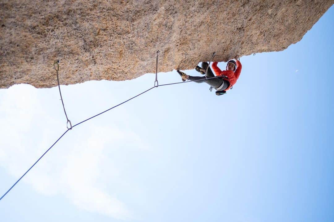 ペイジー・クラッセンのインスタグラム：「Who likes the steep steeps 🙋? I’d rather be standing on my feet on a slab, but occasionally my shoulders and core appreciate the opportunity to get totally wrecked. Feeling that full body sore after a weekend of climbing the steep rocks, where your feet seem to always be level with your head.  📸 @arjandekock  @eddiebauer @lasportivana @maximropes @physivantage」