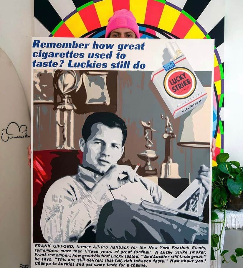 カシディ・エリン・ギフォードのインスタグラム：「A massive thank you to one of my best (and most insanely talented) friends @antonconnollyart for creating this masterpiece of one of my dad’s vintage Lucky Strike ads for our new home. “Grateful” doesn’t even begin to describe it」