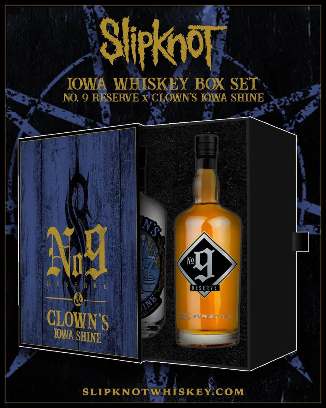 Slipknotさんのインスタグラム写真 - (SlipknotInstagram)「Introducing the @SlipknotWhiskey Box Set featuring No. 9 Reserve & Clown's Iowa Shine - a 750 ml, 45% ABV (90 proof) raw bourbon straight from the still, fermented, distilled and aged at @cedarridgeiowa.  No 9. Reserve was awarded Best Celebrity Whiskey by @Forbes, and this is the only time the Shine will be available.  Quantities are extremely limited. Order Now at roselleparkwines.com/slipknot- Link in bio.」12月1日 2時15分 - slipknot