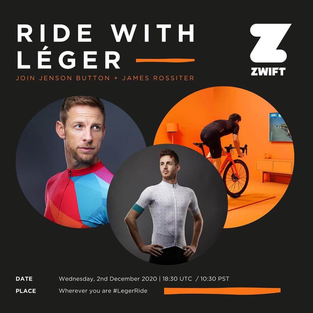 ジェンソン・バトンのインスタグラム：「Come join @rossiterracing and myself this Wednesday for Léger's second @gozwift ride.  🗓️ Wednesday, 2nd December ⏱️ 18:30 UTC / 10:30 PST  Link is in @leger.la bio or search 'Jenson Button & Léger Social Ride' on your Zwift app to take part with your bike from anywhere in the world. Excited to ride with you all again!     #LegerRide #zwift #cycling」