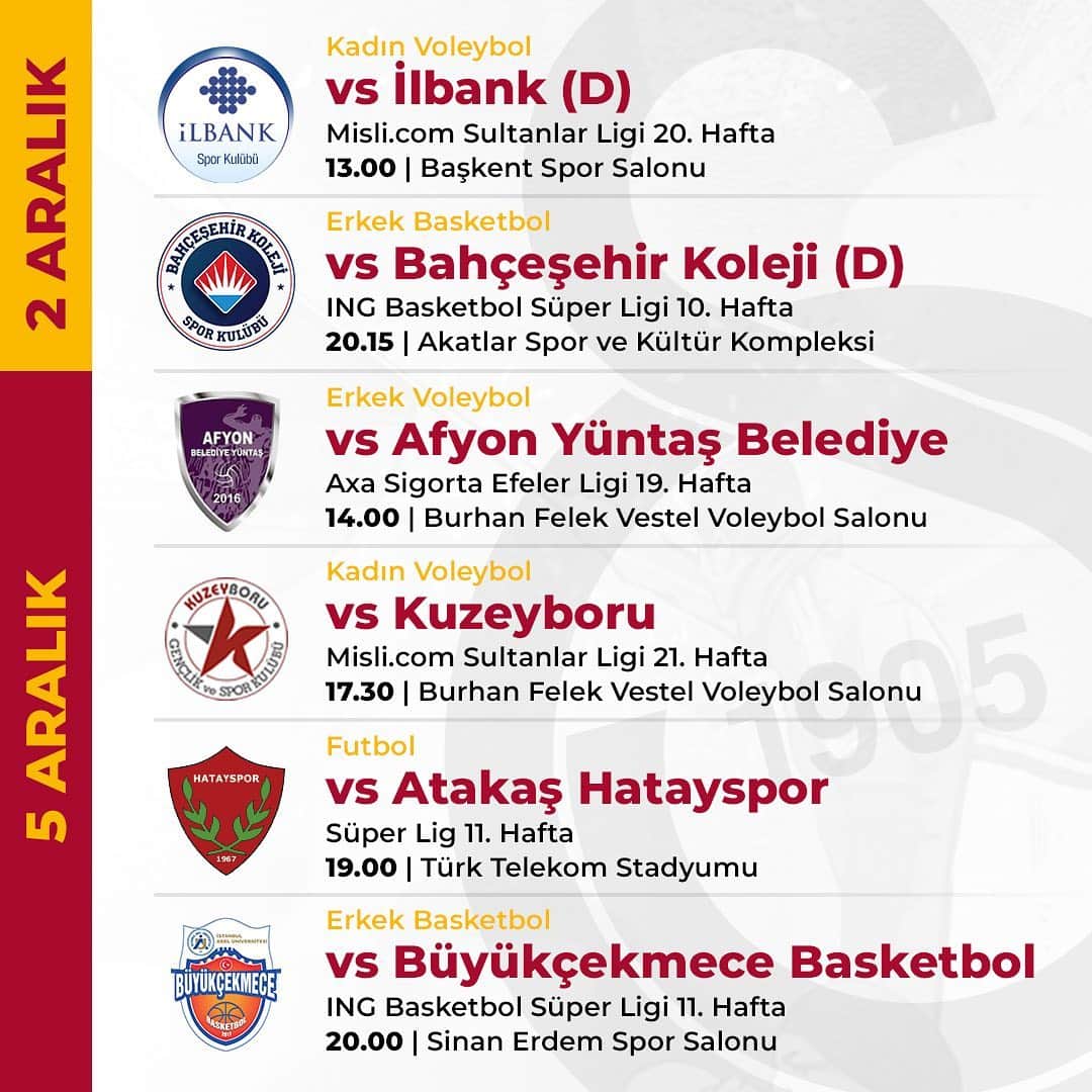 ガラタサライSKさんのインスタグラム写真 - (ガラタサライSKInstagram)「🗓 Galatasarayımızda haftanın programı. ⚽️🏀🏐 #WeekOfGala」12月1日 2時43分 - galatasaray