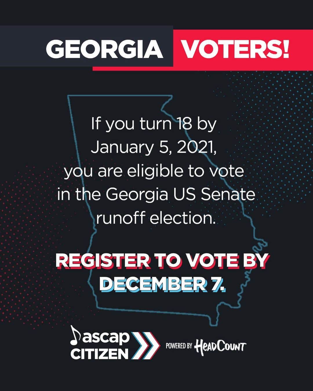 ASCAPさんのインスタグラム写真 - (ASCAPInstagram)「Hey Georgia, you heard @troubleman31!   On January 5, you've got one more chance to make your voice heard in Washington. BOTH Georgia Senate races are headed to a runoff election, and the results will decide the US Senate majority party.   So make sure you're registered BEFORE December 7 - even if you didn't vote in November. And make a plan to #VOTE on January 5. Your vote is your voice, Georgia.   Link in bio to learn more. #ASCAPCitizen」12月1日 4時32分 - ascap