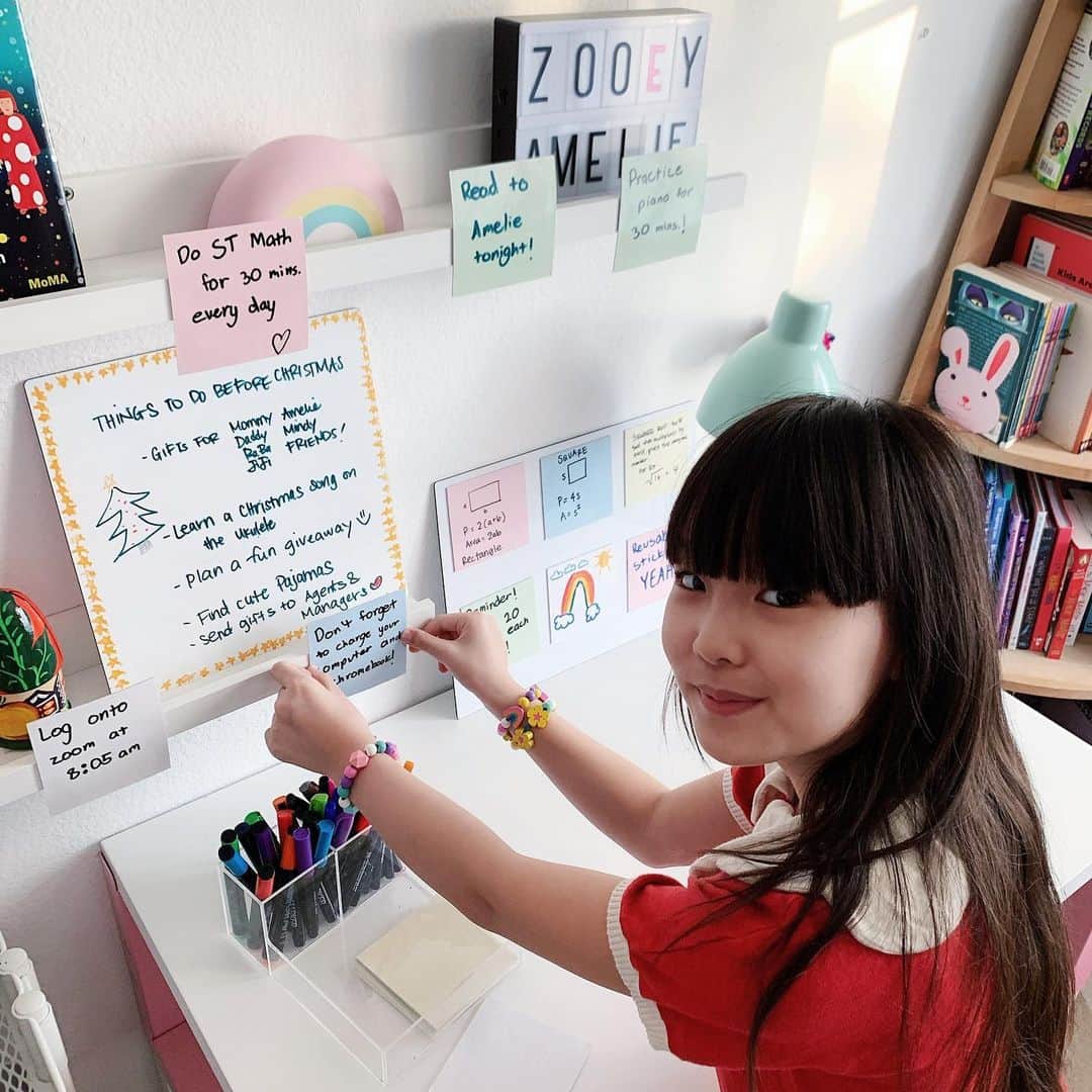 Zooey Miyoshiさんのインスタグラム写真 - (Zooey MiyoshiInstagram)「Saving the trees with reusable Stickies by @_mcsquares_ that stick to any flat surface (except your painted wall for now) and easily wipe off with water making it super easy to reuse! You can re-use each Stickie 2,000 times! Zooey has been using them to create reminders for herself during distance learning and loves to use the Stickies on her whiteboard to make organizational squares as well. She replaces tasks that she has completed with a new Stickie and is able to color coordinate them! These are the perfect organizational tools for any busy mama or kids who need a little reminder here and there to do what they have to do! Use code ZOOEY15 for 15% off! #ad #mcsquares #conquerthechaos」12月1日 4時53分 - zooeyinthecity