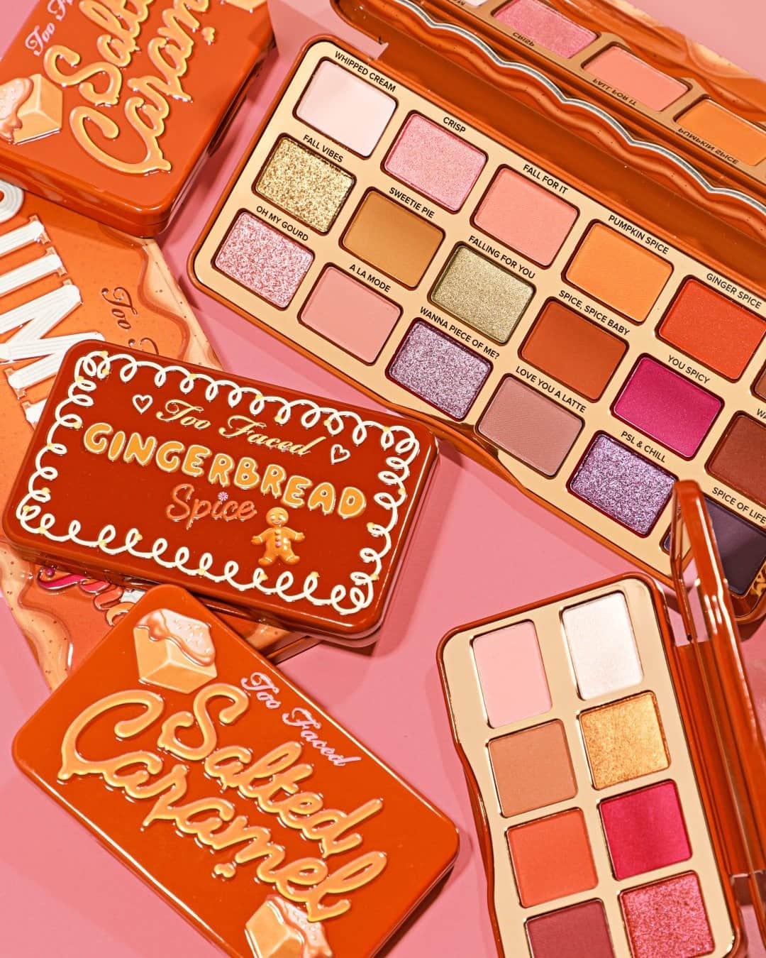 Too Facedのインスタグラム：「Our sweet fix for the day 🍭 Look like a Christmas treat with our Pumpkin Spice, Salted Caramel, & Gingerbread Spice Eye Shadow Palettes! Trust us, they smell as good as they look. 😉 #toofaced」
