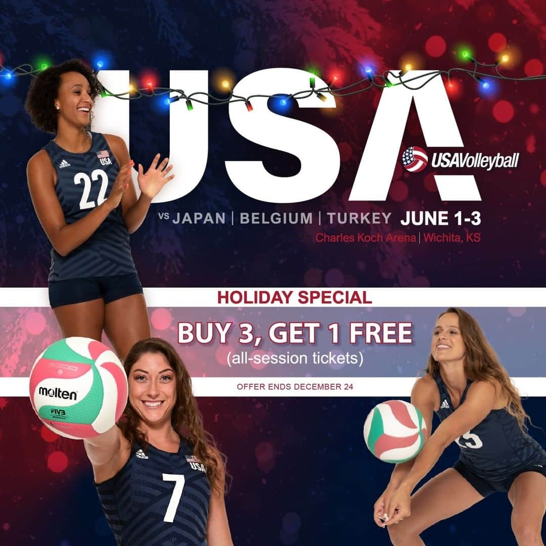 USA Volleyballさんのインスタグラム写真 - (USA VolleyballInstagram)「Give the volleyball fan in your life the perfect gift of seeing their favorite USA Volleyball stars at the 2021 Women's Volleyball Nations League in Wichita! 🤩  For a limited time, buy 3️⃣ and get 1️⃣ free on all-session tickets, link in bio!」12月1日 6時54分 - usavolleyball
