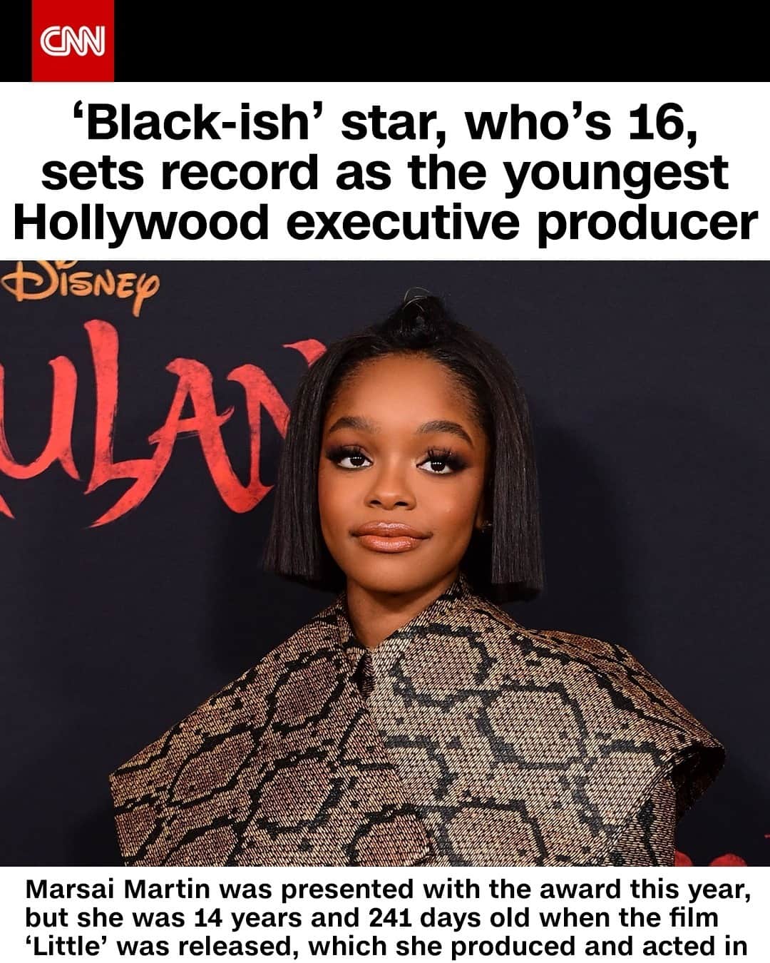 CNNさんのインスタグラム写真 - (CNNInstagram)「Marsai Martin, who is known for playing Diane on ABC's "Black-ish," has broken a Guinness World Record as the youngest Hollywood executive producer to work on a major production. The 16-year-old broke the record for her work on the film “Little,” which she reportedly pitched when she was 10. "She is not only tremendously talented in front of the camera, but offers a unique perspective as a creator and producer that will resonate with all audiences," said Peter Cramer, president of Universal Pictures.⁠ (📸: Frederic J. Brown/AFP/Getty Images)」12月1日 17時01分 - cnn