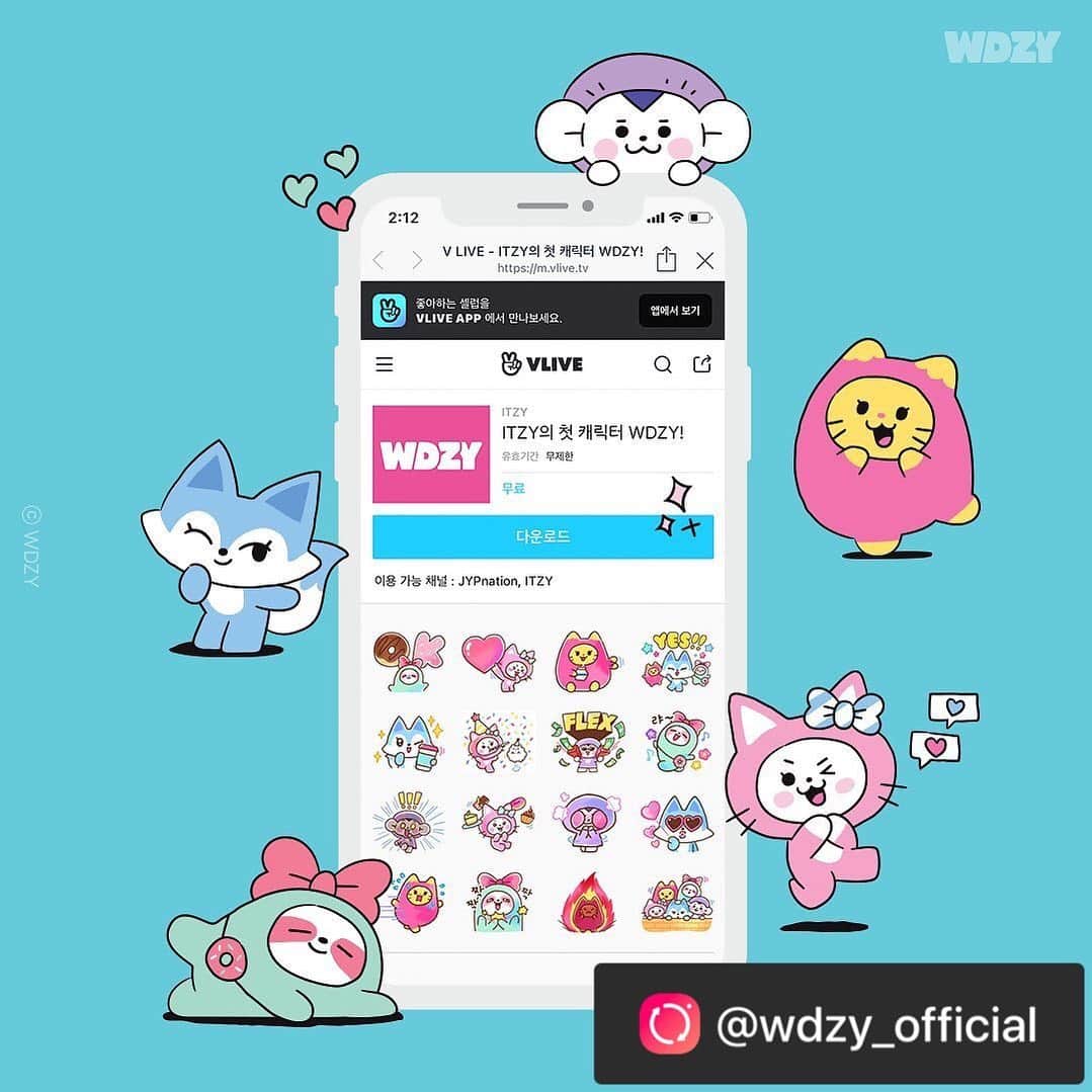 JYPエンターテインメントのインスタグラム：「@wdzy_official   Meet WDZY stickers at V LIVE! ⠀ Use them on the live stream NOW!😆 ⠀ Download them for free! > Link in bio ⠀ *Search "ITZY" in STICKER tab at V LIVE STORE. ⠀ #ITZY #MIDZY #WDZY #HATT #LYA #TUK #CHUNGEE #CABBIT #VLIVE #freesticker #LINEFRIENDS  ⠀⠀ WDZY를 이제 V LIVE에서도! ⠀ 오늘부터 ITZY 라이브 방송에선 WDZY 이모티콘으로 인사하기 😉❤️ ⠀ 지금 바로 무료 다운로드! > 프로필 링크를 확인하세요 ⠀ *V LIVE 스토어 내 STICKER 탭에서 "ITZY"를 검색해보세요. ⠀ #ITZY #MIDZY #WDZY #햇 #랴 #툭 #청이 #캐빗 #VLIVE #무료스티커 #라인프렌즈」