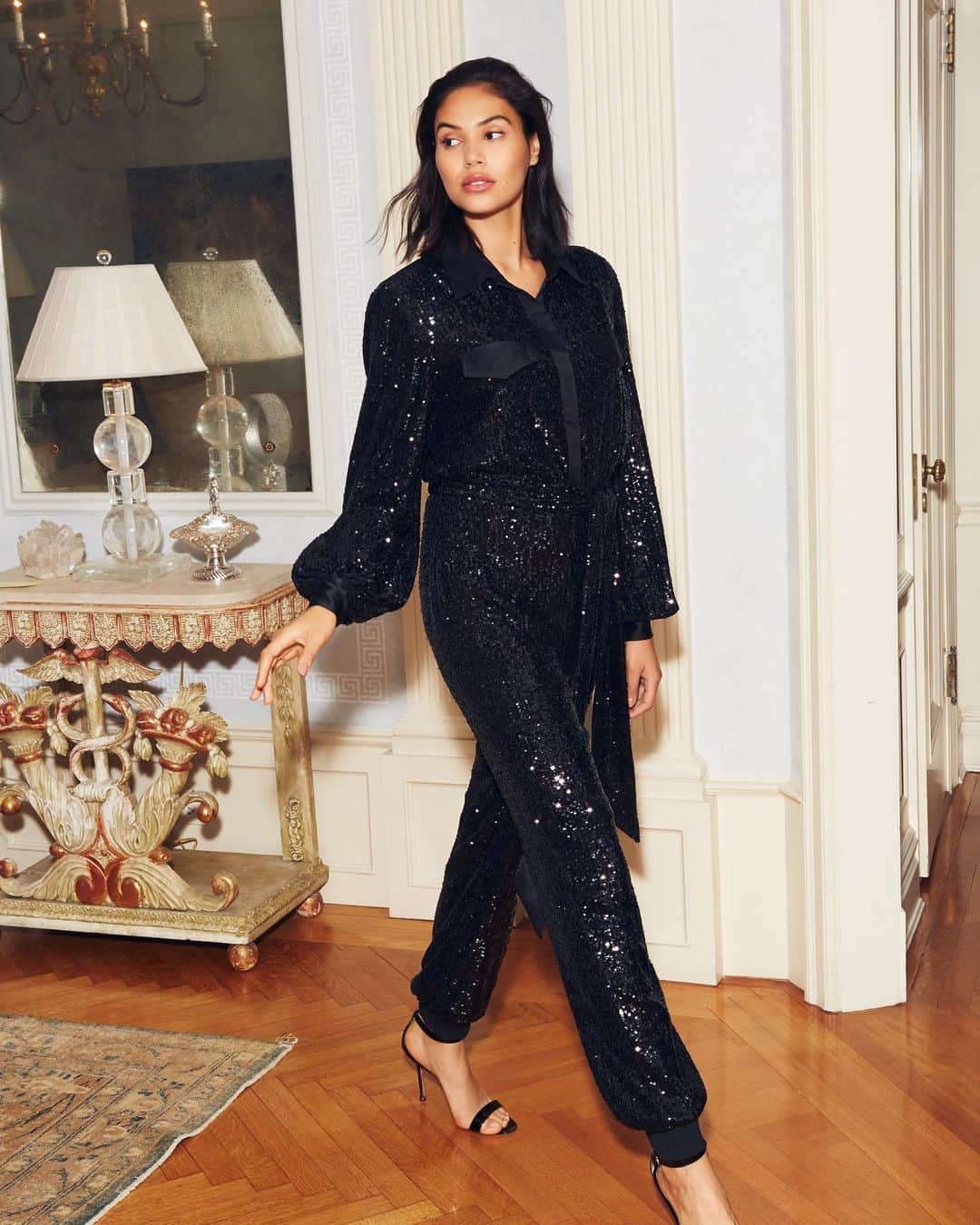 サッチン+バビのインスタグラム：「The Briony is a fabulous stretch sequin collared button-down jumpsuit with self-tie at the waist. A modern twist on elegant cocktail attire, it's chic, comfortable and has a bit of a sporty feel with the updated jogger leg.」