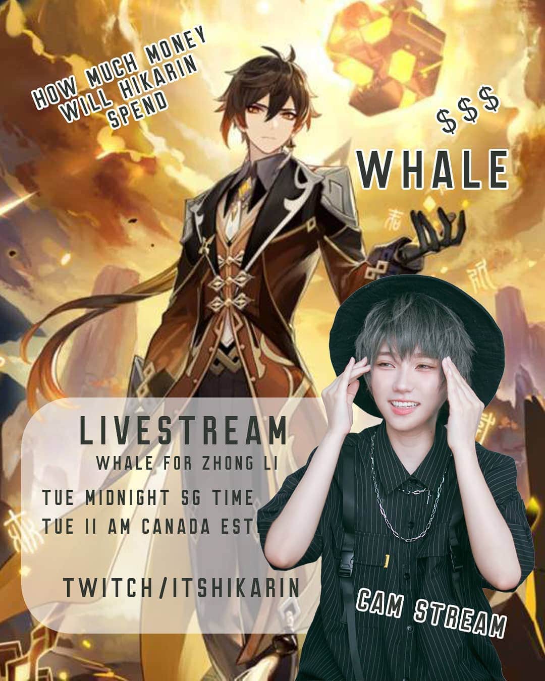 ひかりんのインスタグラム：「Tomorrow at 11am EST / midnight SG time come watch me suffer and whale for MR ZHONG LI on Twitch / ItsHikarin♥️♥️♥️♥️ we don't stop till we get him 💰💰💰 #genshinimpact #zhongli #twitch」